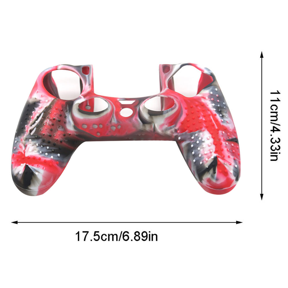 Das Bild zeigt eine rote, weiße und schwarze Silikonhülle für einen Playstation-Controller mit Abmessungen.
