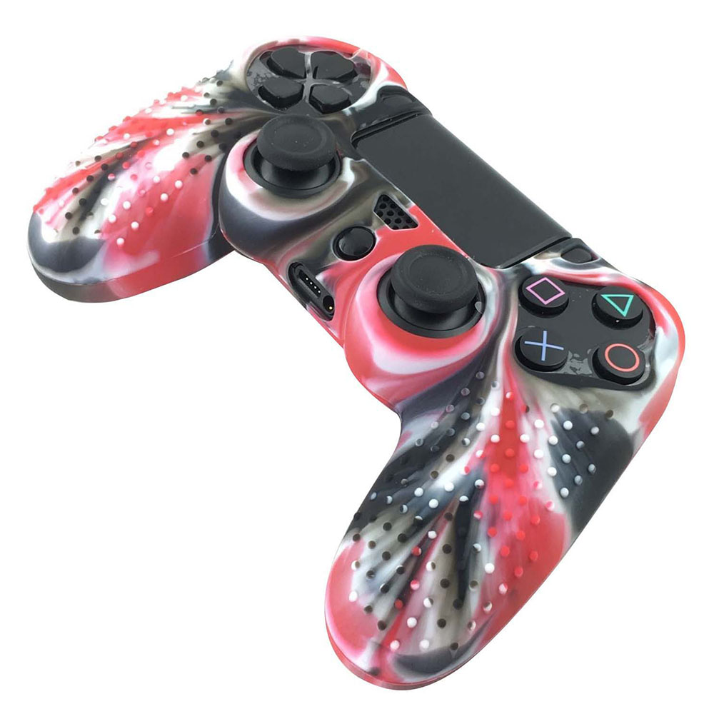 Der Controller hat ein rot-weiß-schwarzes Marmordesign mit strukturierten Griffen und Standard-Tastenanordnung.
