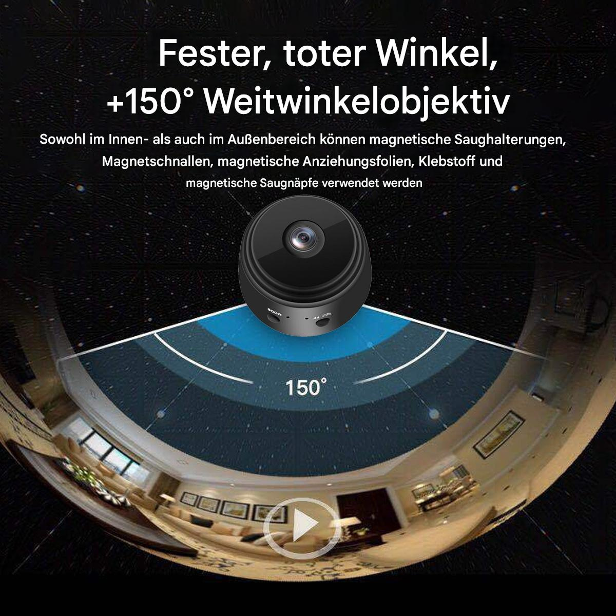 Das Bild zeigt eine kleine, schwarze Überwachungskamera mit Weitwinkelobjektiv und magnetischen Befestigungsmöglichkeiten.