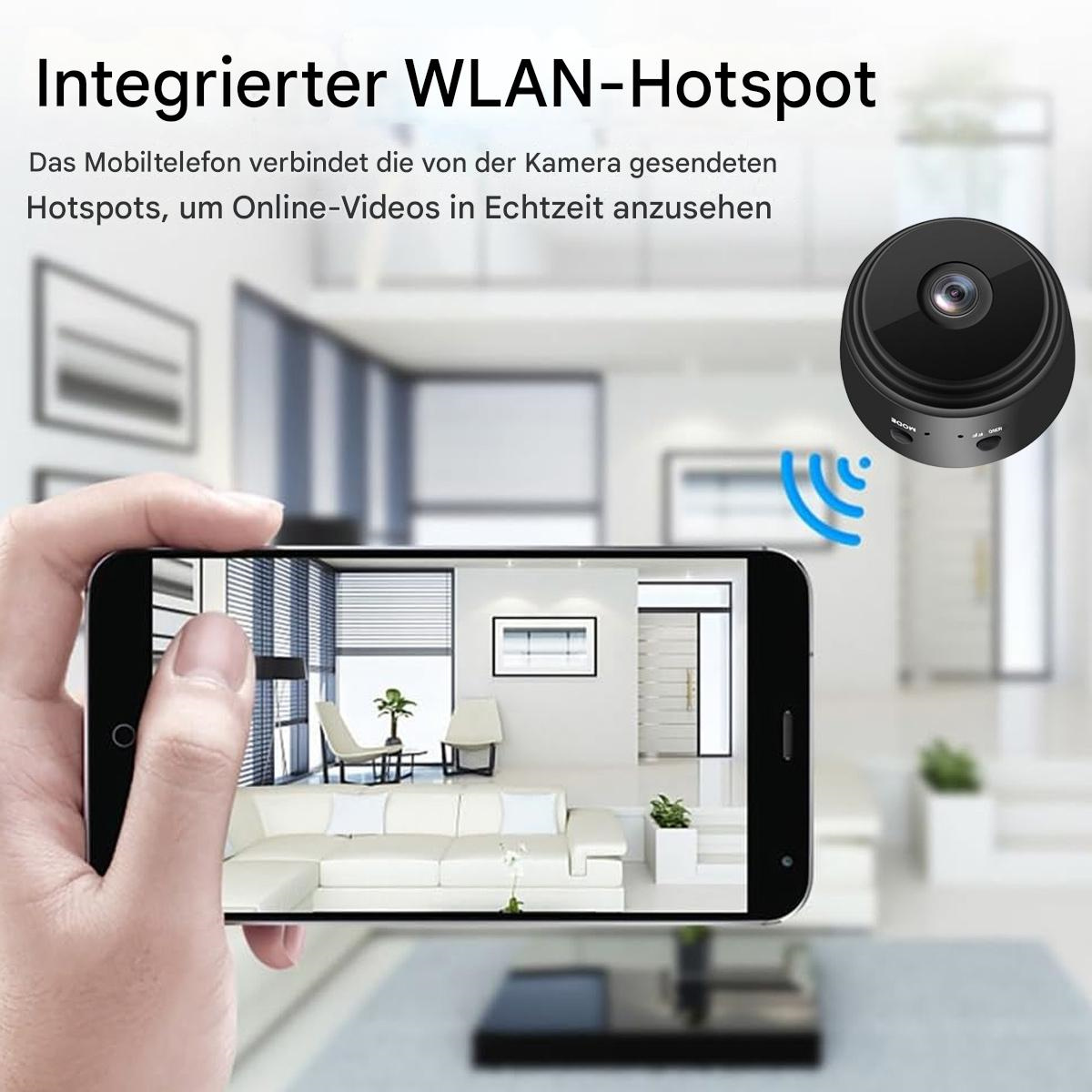Das Bild zeigt eine kleine, schwarze Überwachungskamera mit WLAN-Hotspot-Integration, die über ein Smartphone betrachtet wird.