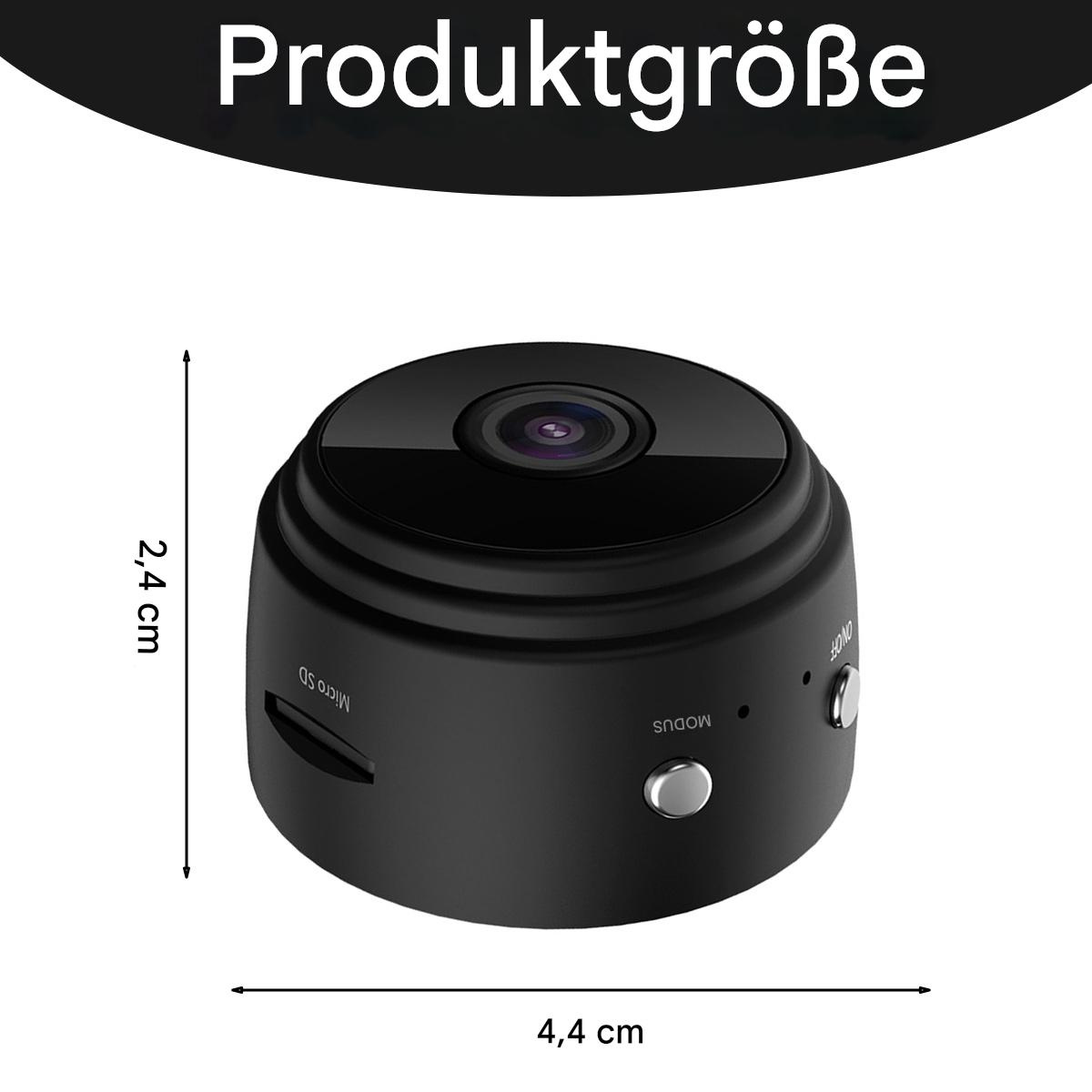 Das Bild zeigt die Produktgröße einer kleinen, schwarzen Überwachungskamera in Zentimetern.