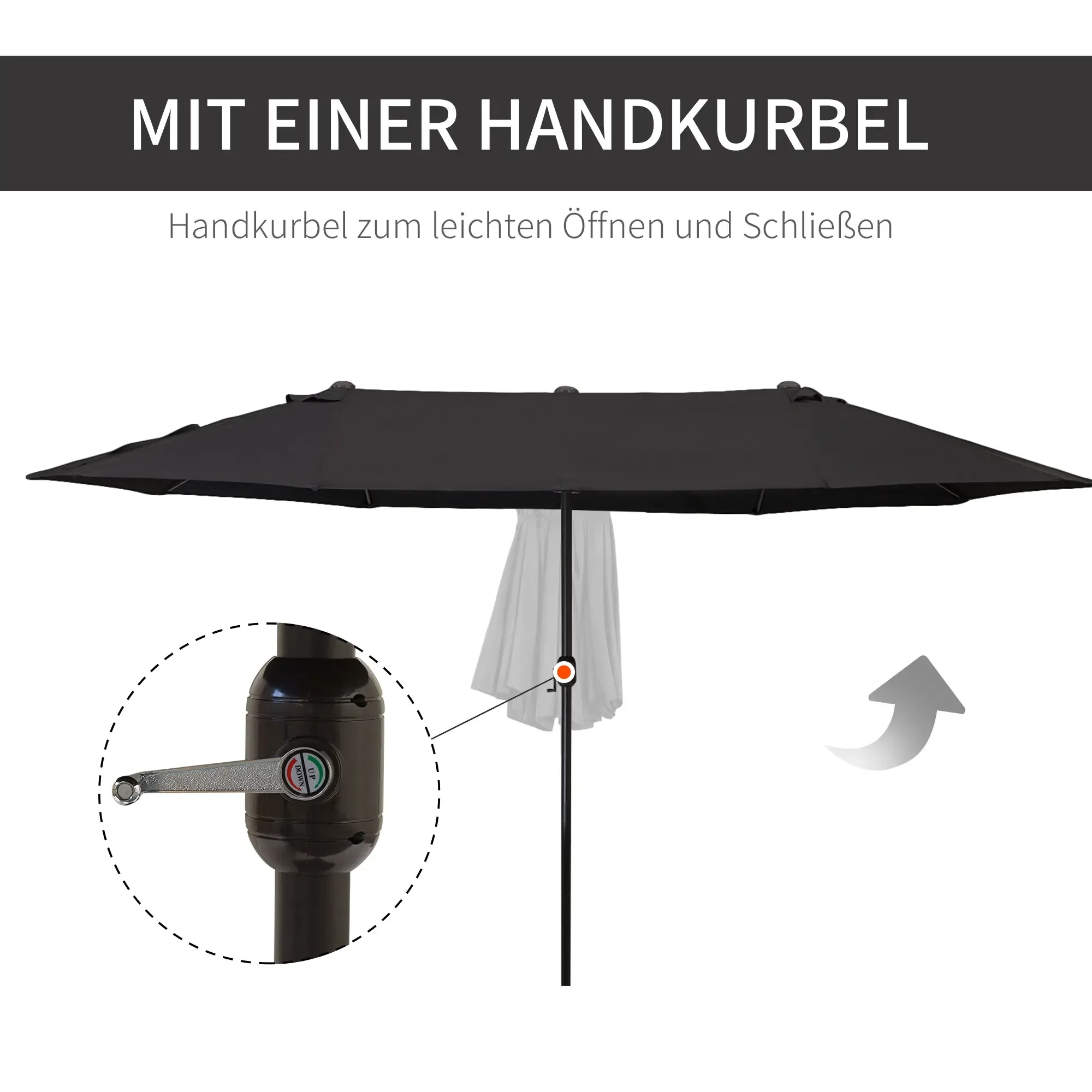 Nahaufnahme eines schwarzen Terrassenschirms mit Kurbelmechanismus zum einfachen Öffnen und Schließen.