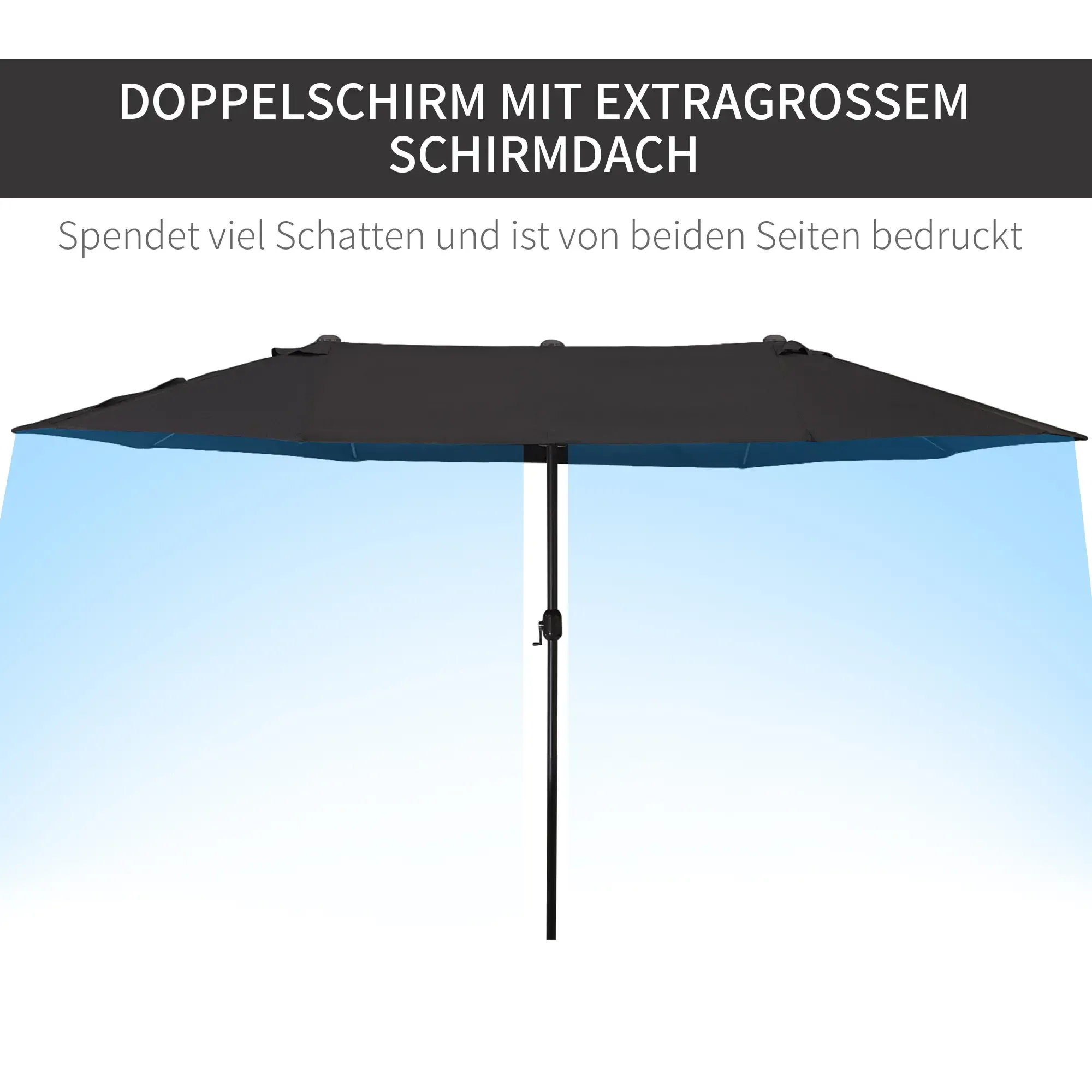 Schwarzer Terrassenschirm mit doppeltem Schirmdachdesign, der viel Schatten und Schutz bietet.