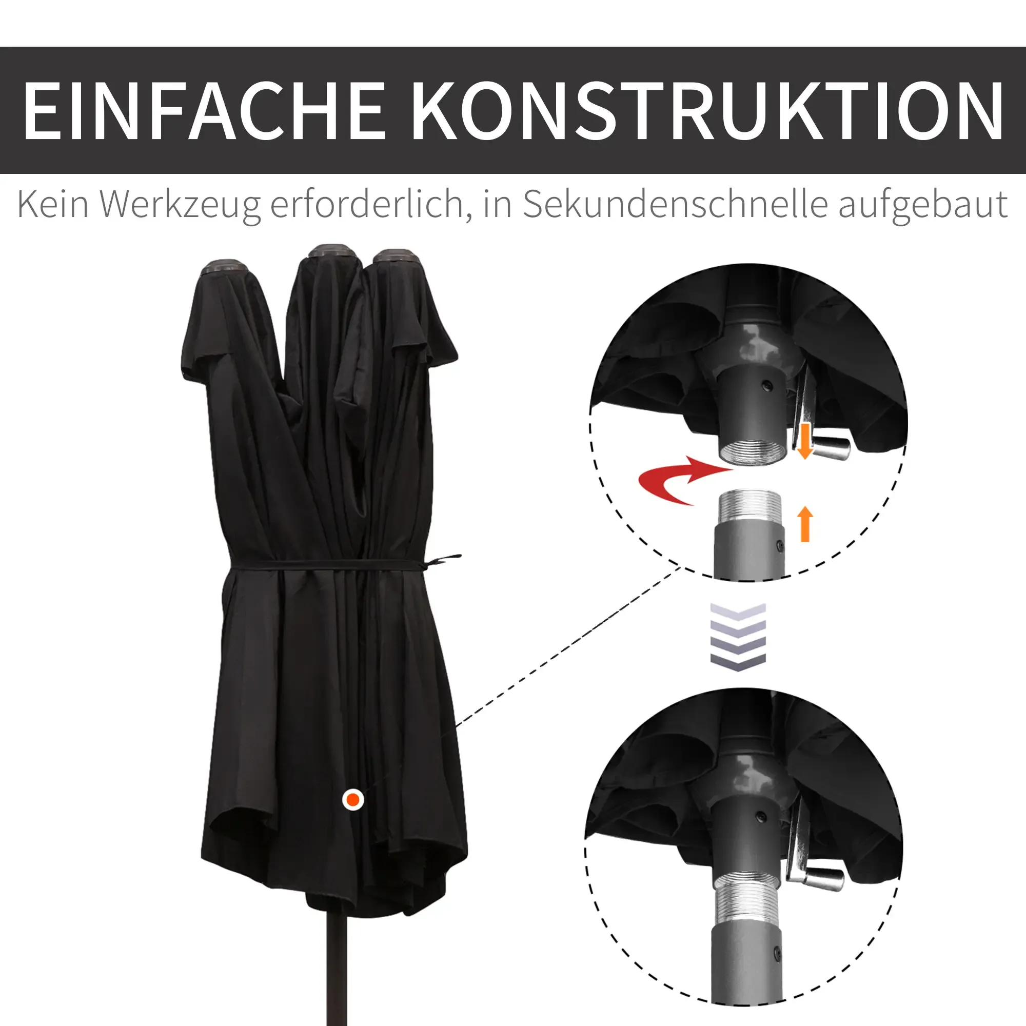 Schwarzer Terrassenschirm mit einfacher Konstruktion, für dessen Aufbau kein Werkzeug erforderlich ist.