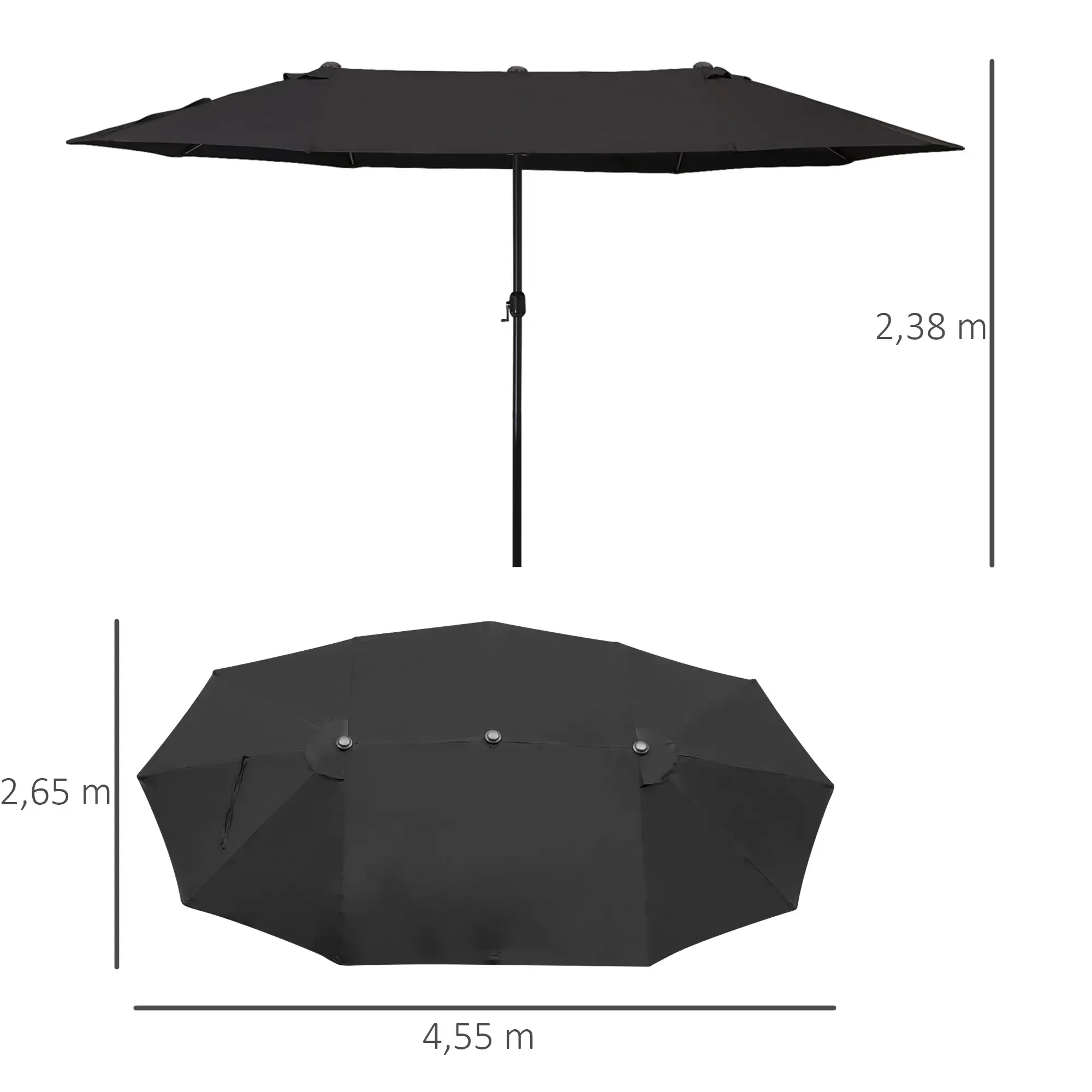 Diagramm mit den Abmessungen eines schwarzen Terrassenschirms, Höhe 2,38 m und Breite 4,55 m.