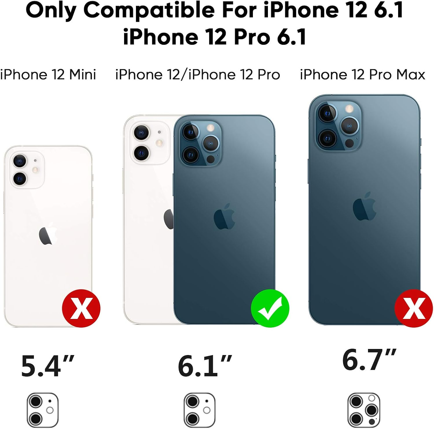 Drei iPhones, die die Kompatibilität einer Hülle zeigen. Nur das mittlere iPhone ist als kompatibel markiert.