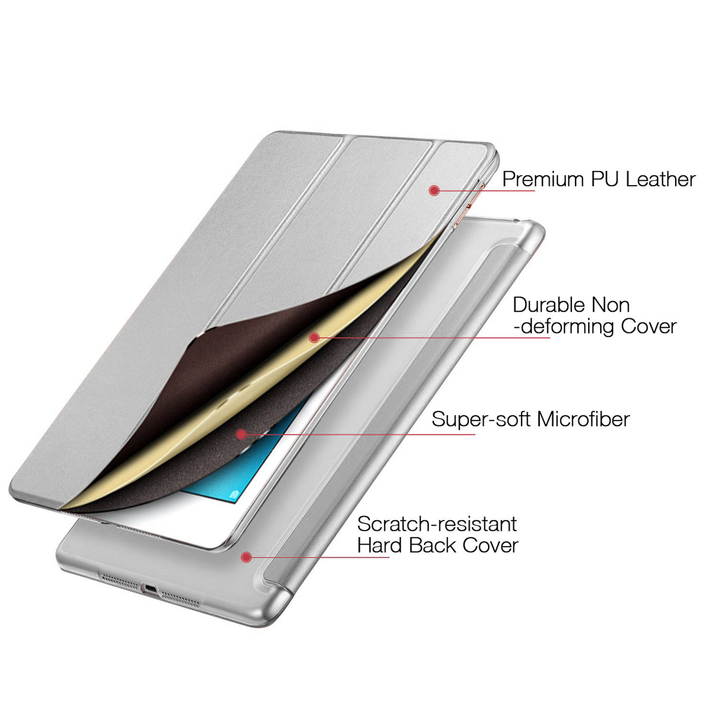 iPad mit silberner Hülle. Die Hülle ist geöffnet und zeigt die verschiedenen Schichten der Hülle.