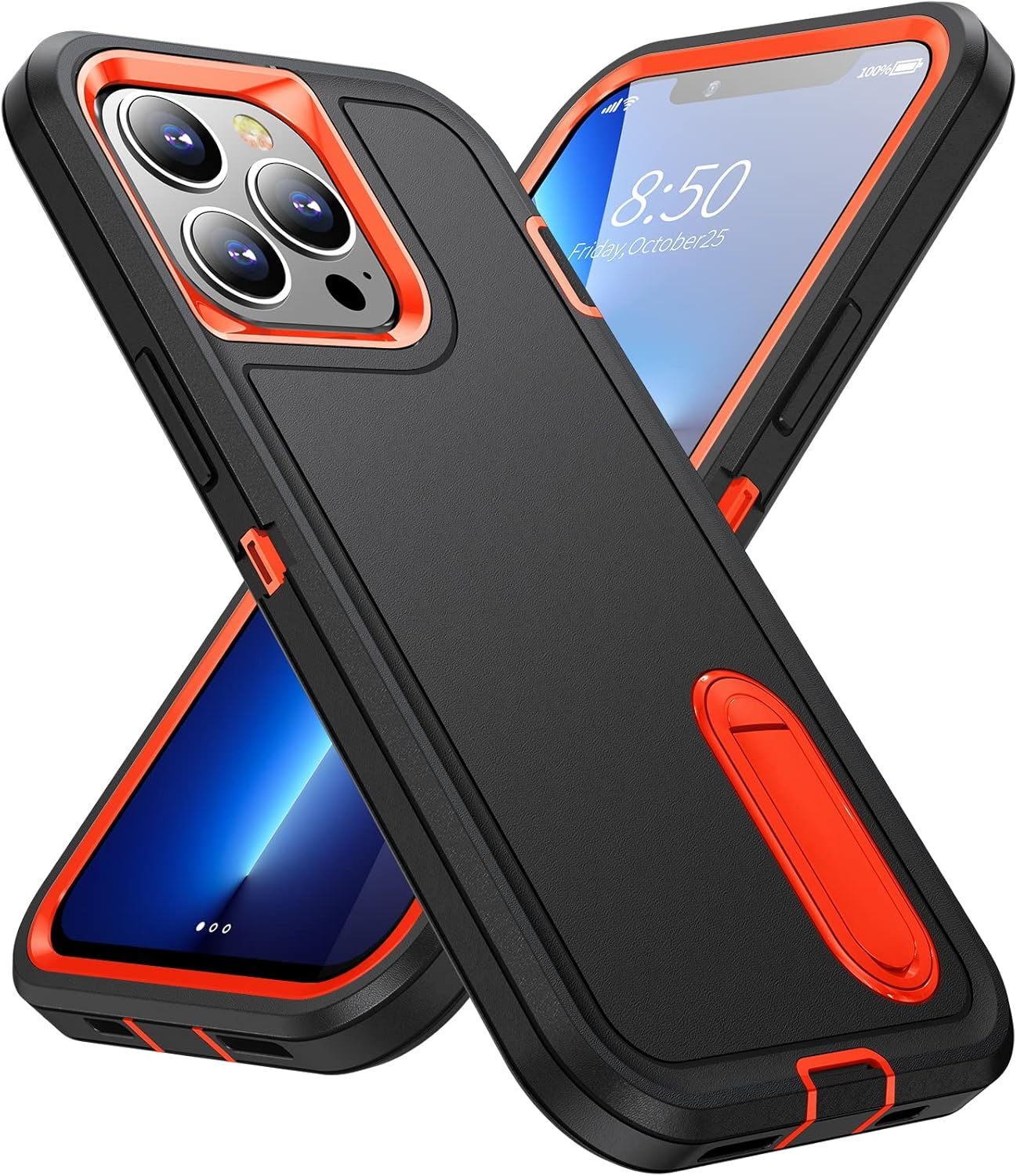 Zwei schwarze und orangefarbene Handyhüllen mit einem Handy darin, gekreuzt vor einem weißen Hintergrund.