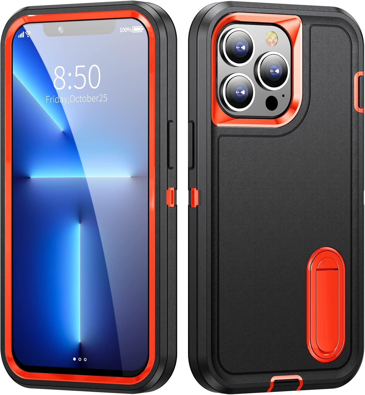 Zwei schwarze und orangefarbene Handyhüllen, eine mit einem Handy darin, das Datum und Uhrzeit anzeigt.