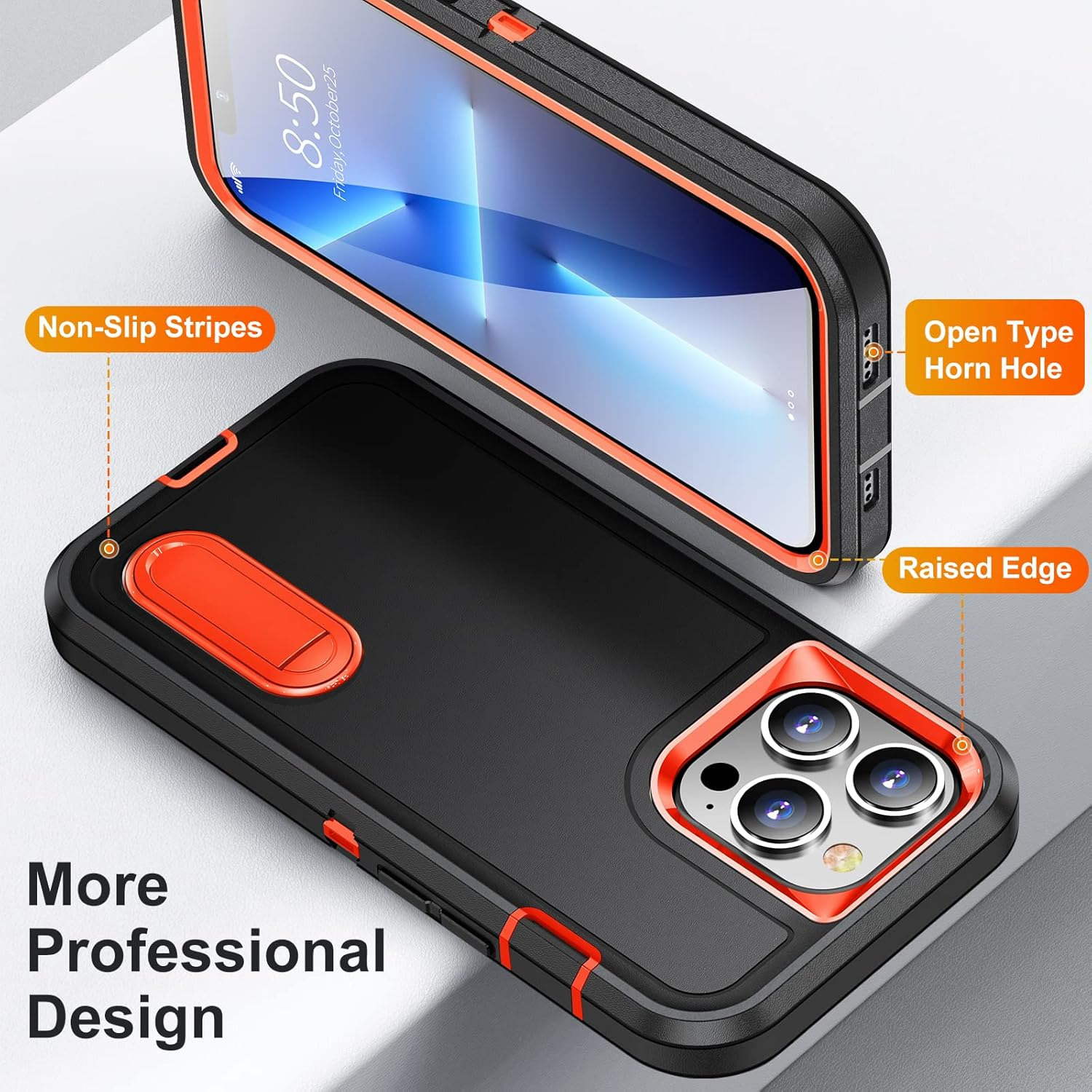Eine schwarze und orangefarbene Handyhülle, die die Designmerkmale für eine professionelle Nutzung zeigt.