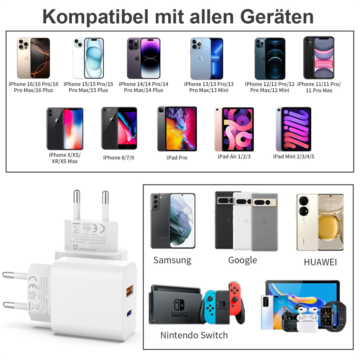 Eine Vielzahl von Telefonen, Tablets und Ladegeräten werden angezeigt und demonstrieren die Kompatibilität mit verschiedenen Geräten.