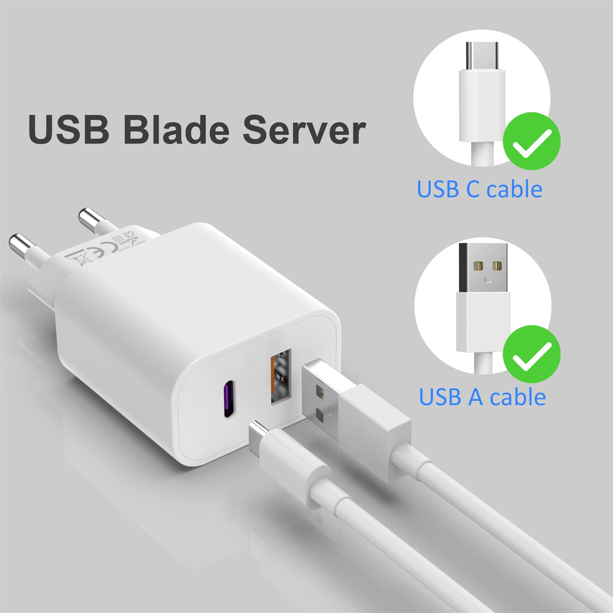 Ein weißes Ladegerät mit USB-C- und USB-A-Kabeln. Es zeigt die Kompatibilität mit beiden Kabeltypen.