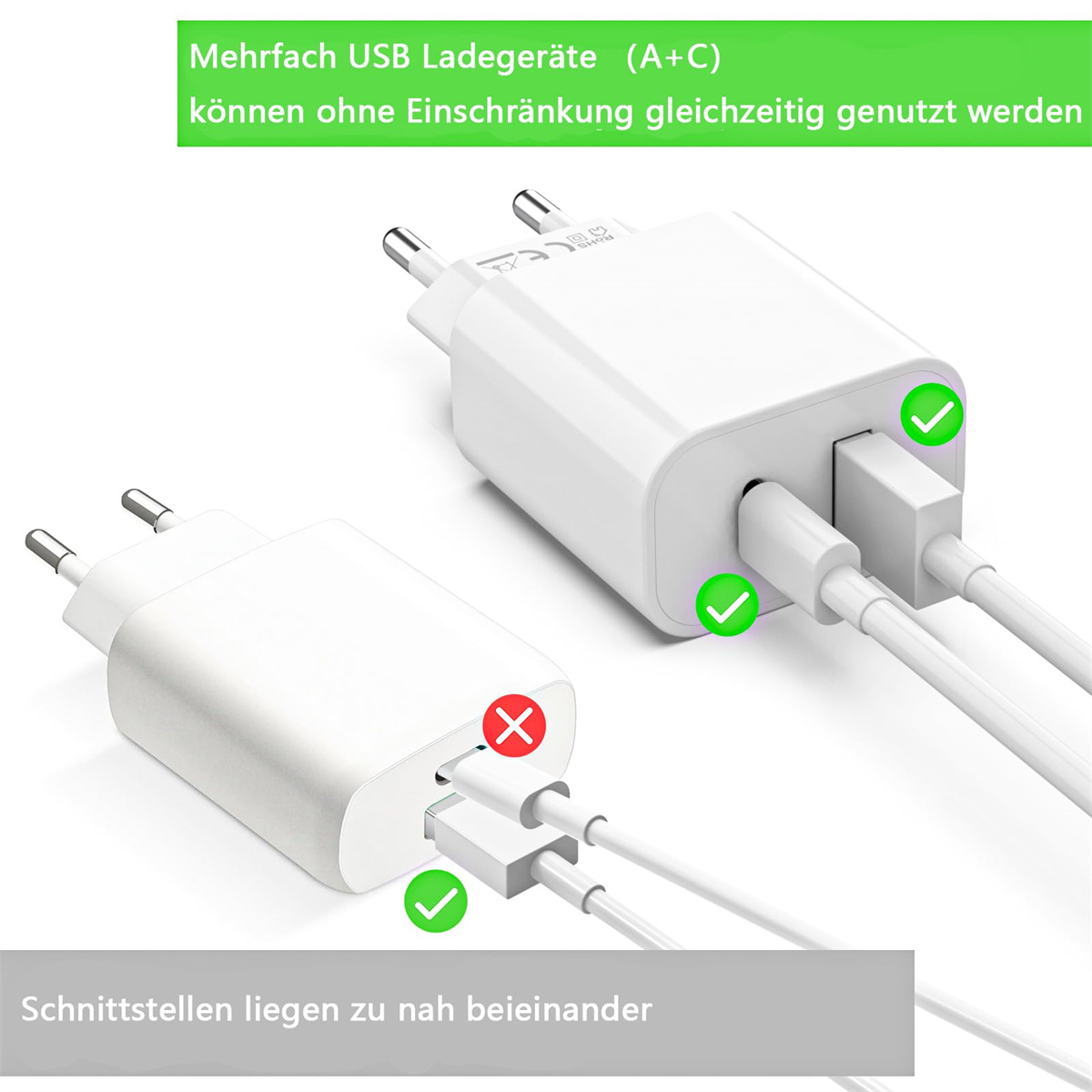 Weiße Ladegeräte mit mehreren USB-Anschlüssen. Ein Setup hat ein rotes X, das andere ein grünes Häkchen für die Kompatibilität.