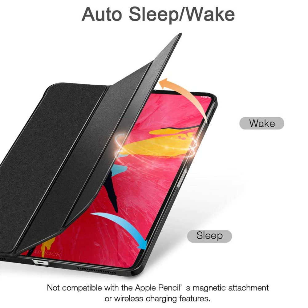 Eine schwarze Tablet-Hülle mit einem Tablet darin. Die Abdeckung öffnet sich, mit Pfeilen, die 'Sleep' und 'Wake' anzeigen.