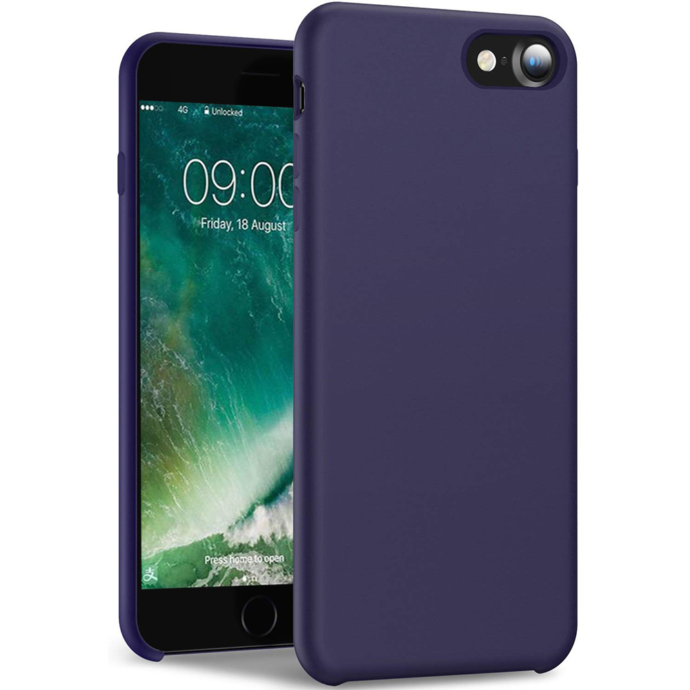 Eine dunkelviolette Handyhülle wird neben einem Telefon gezeigt, das seinen Bildschirm anzeigt.