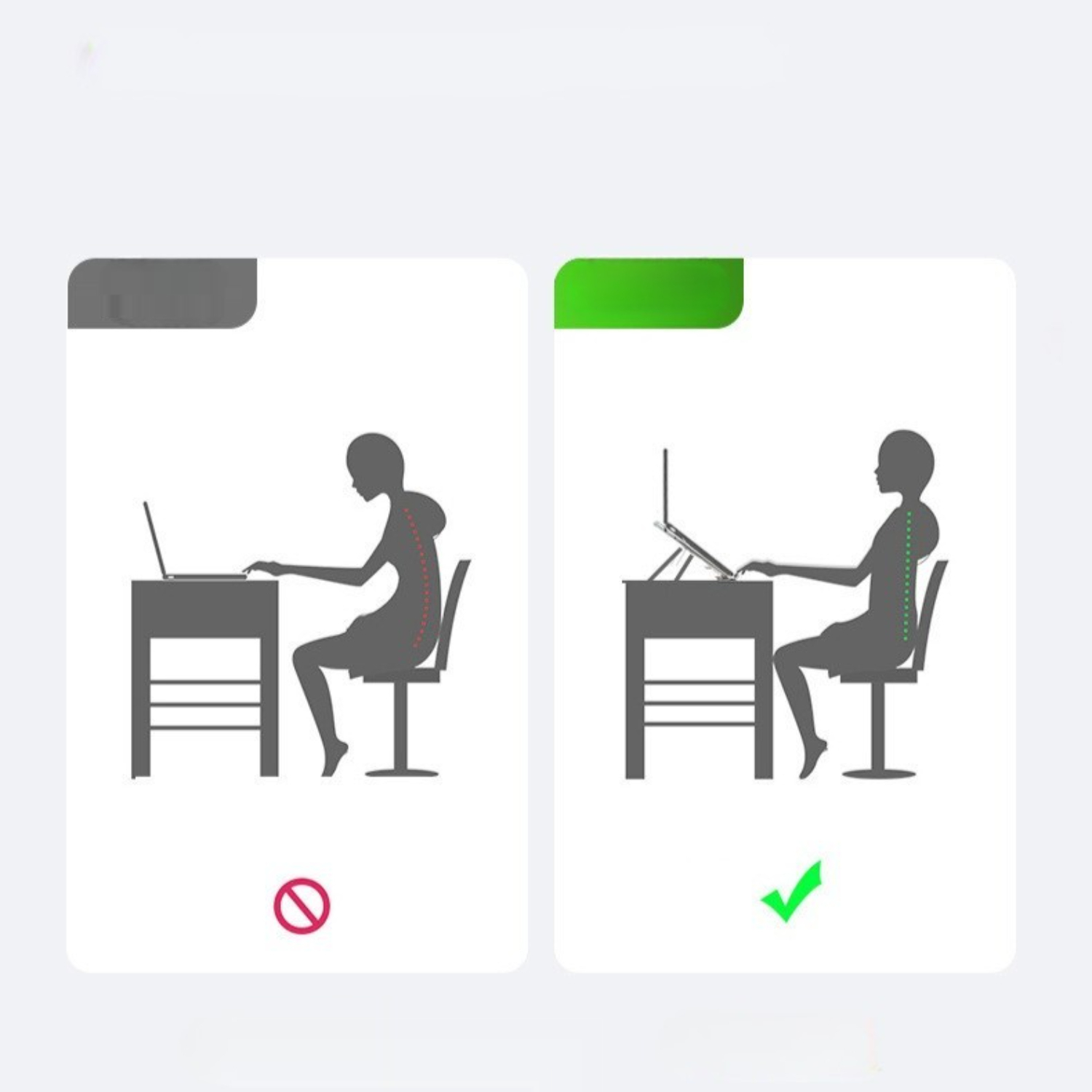 Diagramm, das eine verbesserte Haltung mit einem Laptop-Ständer zeigt, im Gegensatz zu einer schlechten Haltung ohne, markiert mit grünen und roten Symbolen.