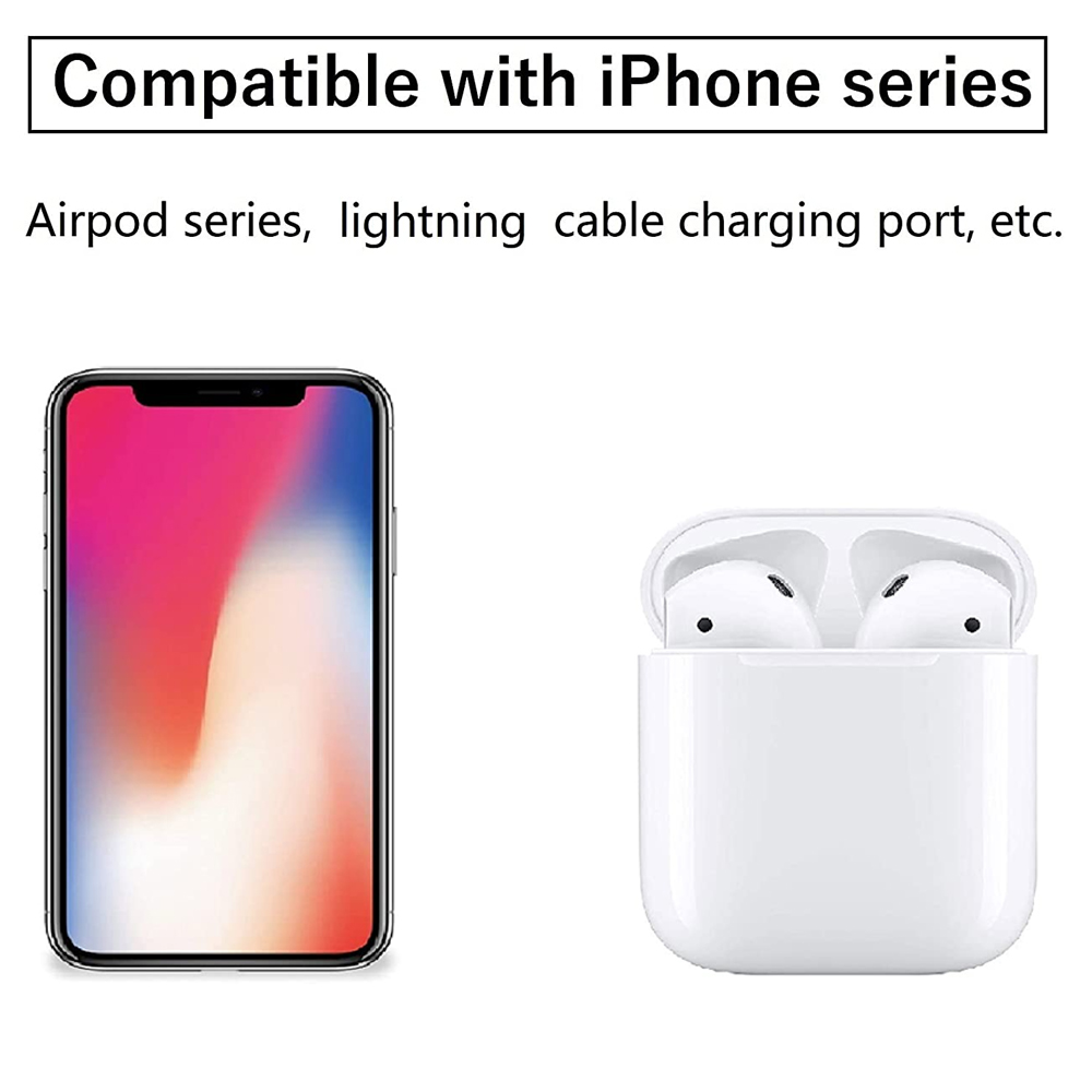Das Bild zeigt ein iPhone und eine AirPods-Hülle mit dem Text, dass sie mit der iPhone- und AirPods-Serie kompatibel sind.