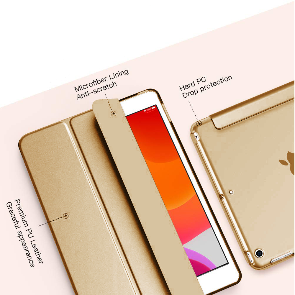 Ein goldenes iPad in einer goldenen Hülle, teilweise geöffnet, das den Bildschirm und die Innenseite der Hülle zeigt.