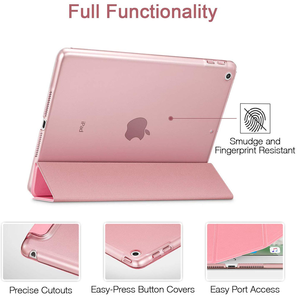 Ein rosa iPad in einer Hülle, mit präzisen Aussparungen, leicht zu drückenden Tastenabdeckungen und einfachem Portzugang.