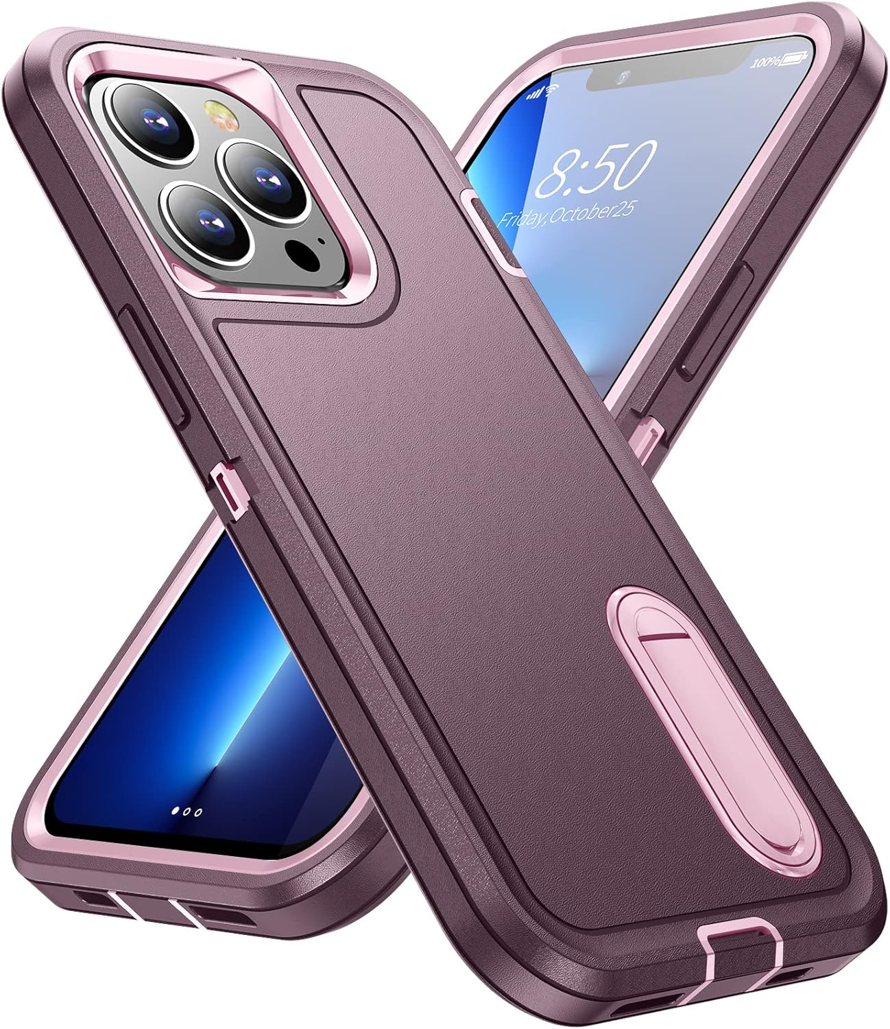 Zwei Handyhüllen, eine mit einem Telefon darin. Beide sind lila und rosa, mit einem Ständer. Zeigt den Bildschirm.