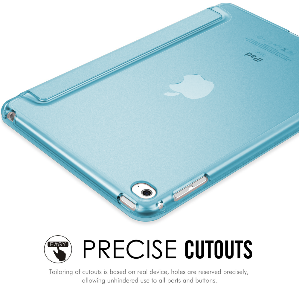 Eine blaue iPad-Hülle mit durchsichtigem Rücken. Der Rücken ist transparent. Das iPad-Logo ist auf der Rückseite sichtbar.