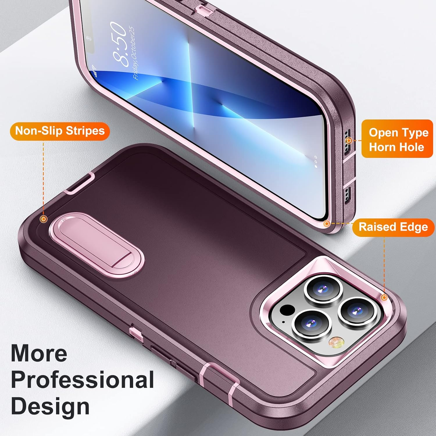 Eine Handyhülle, lila und rosa, mit dem Telefon darin. Zeigt die Designmerkmale und erhöhten Kanten.
