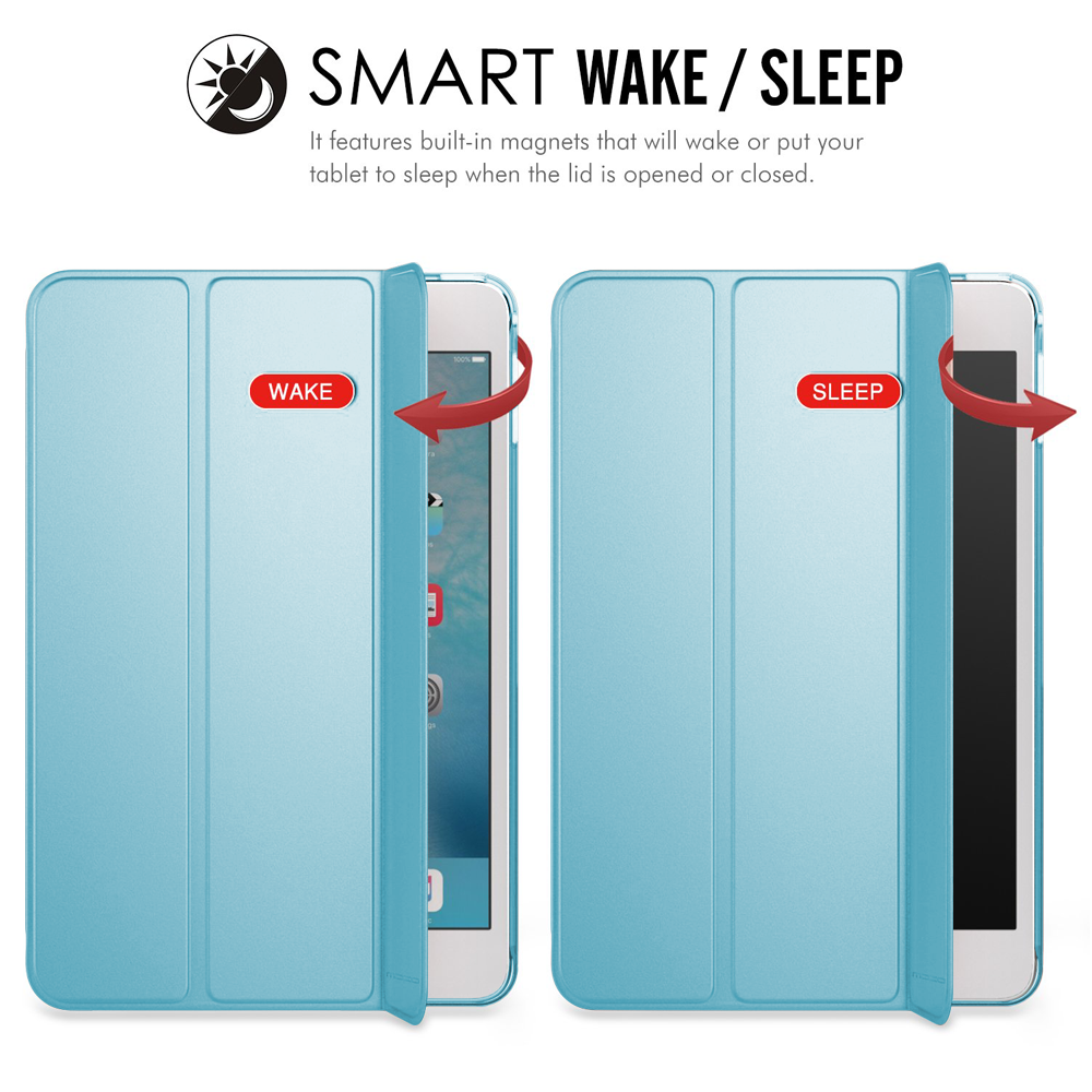 Eine blaue iPad-Hülle, offen und geschlossen, mit den Wörtern 'WAKE' und 'SLEEP' auf der Hülle. Pfeile vorhanden.