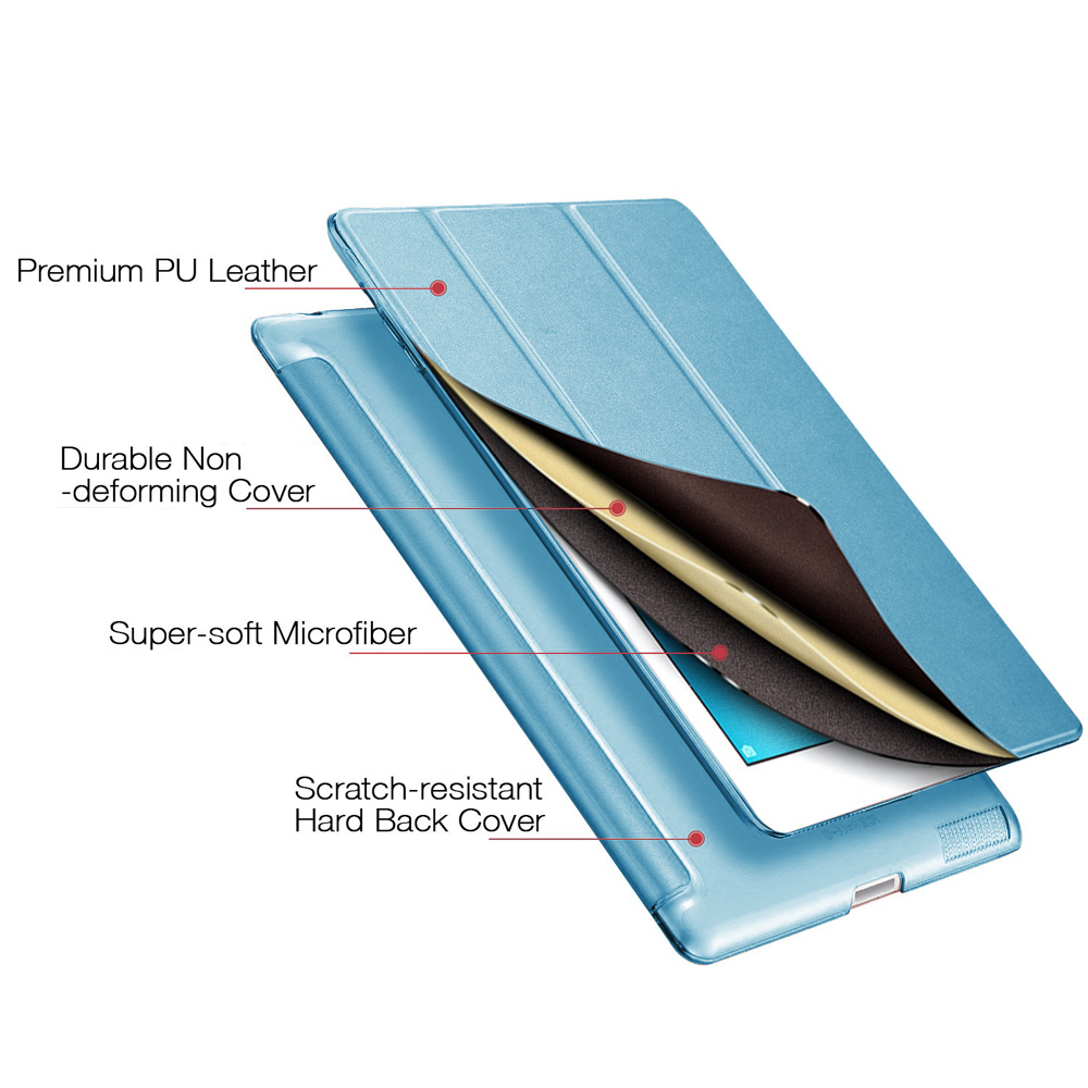 Blaue Tablet-Hülle mit Etiketten: Premium PU-Leder, Langlebige Hülle, Mikrofaser und Hartschalenrückseite.