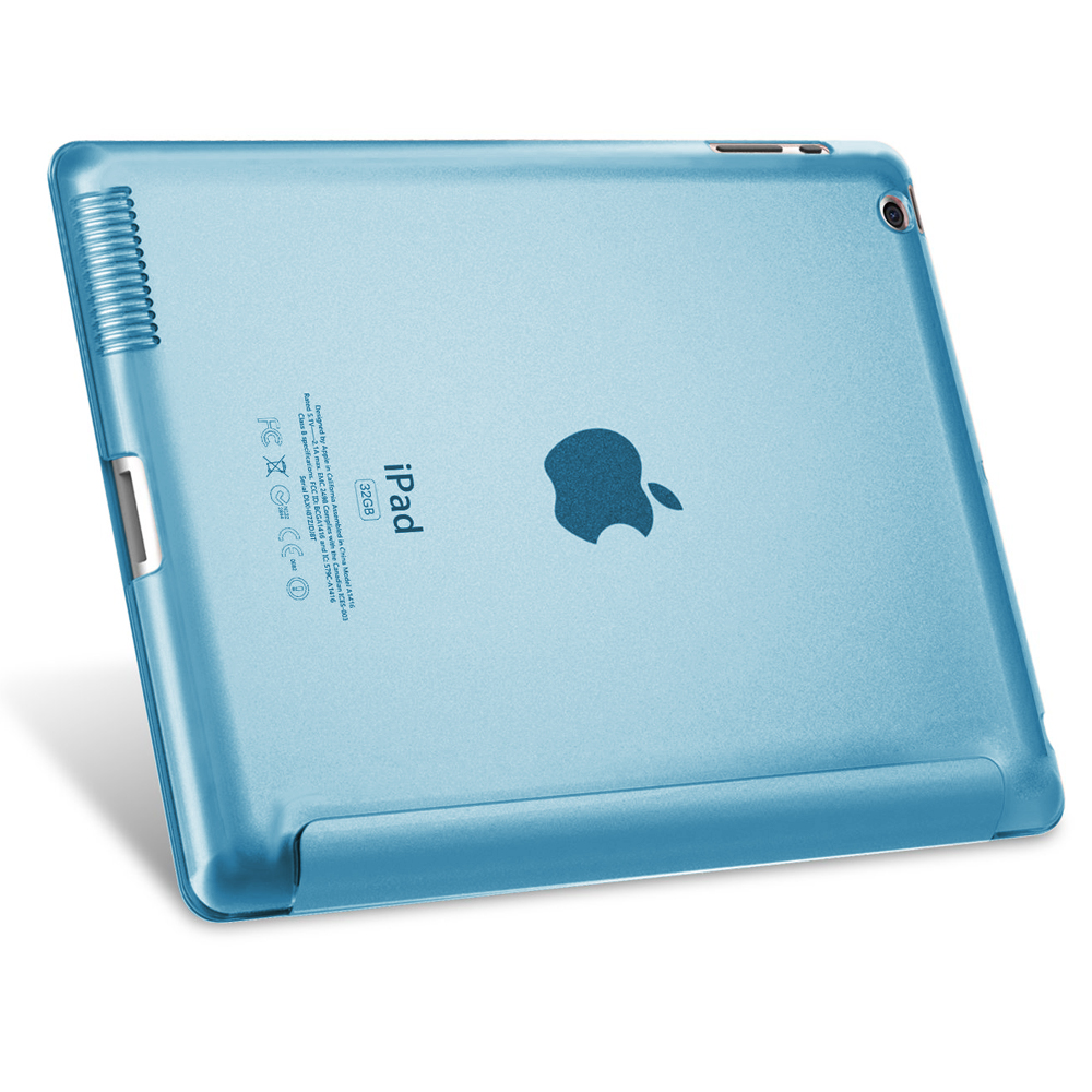 Hellblaue Tablet-Hülle von hinten. Ein schwarzes Apple-Logo ist sichtbar.