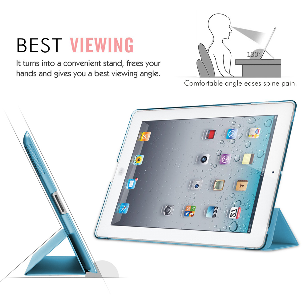 Blaue Tablet-Hülle in Ständerposition. Ein Diagramm zeigt eine Person, die das Tablet benutzt.