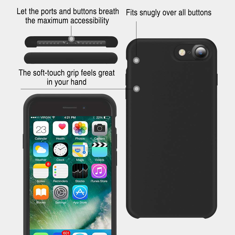 Eine schwarze Handyhülle neben einem Telefon, das verschiedene Apps anzeigt. Die Handyhülle wird als Soft-Touch-Griff beschrieben.