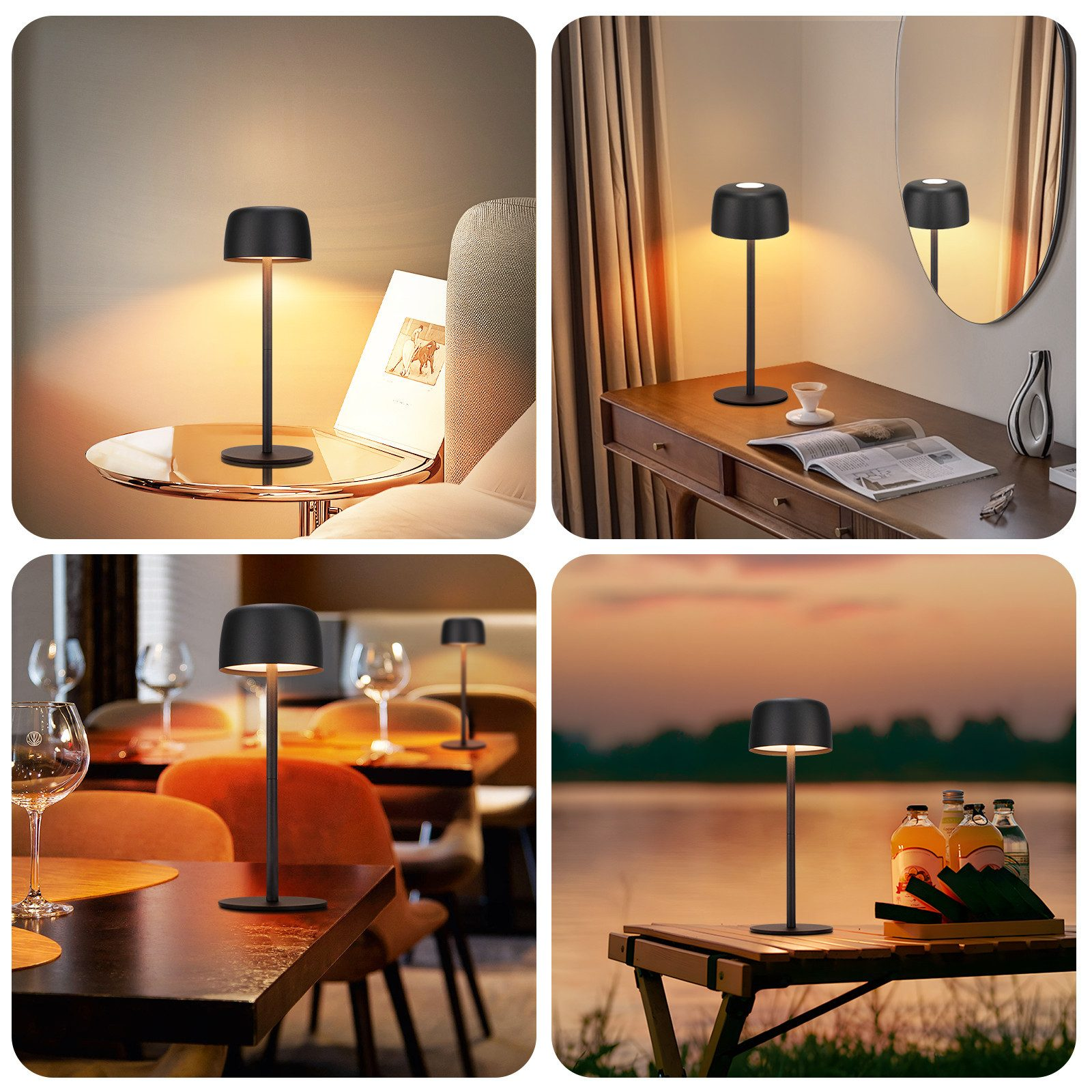 Czarna lampa na stole. Lampa ma okrągłą podstawę i klosz w kształcie grzyba. Wygląda na to, że można jej używać wewnątrz i na zewnątrz.