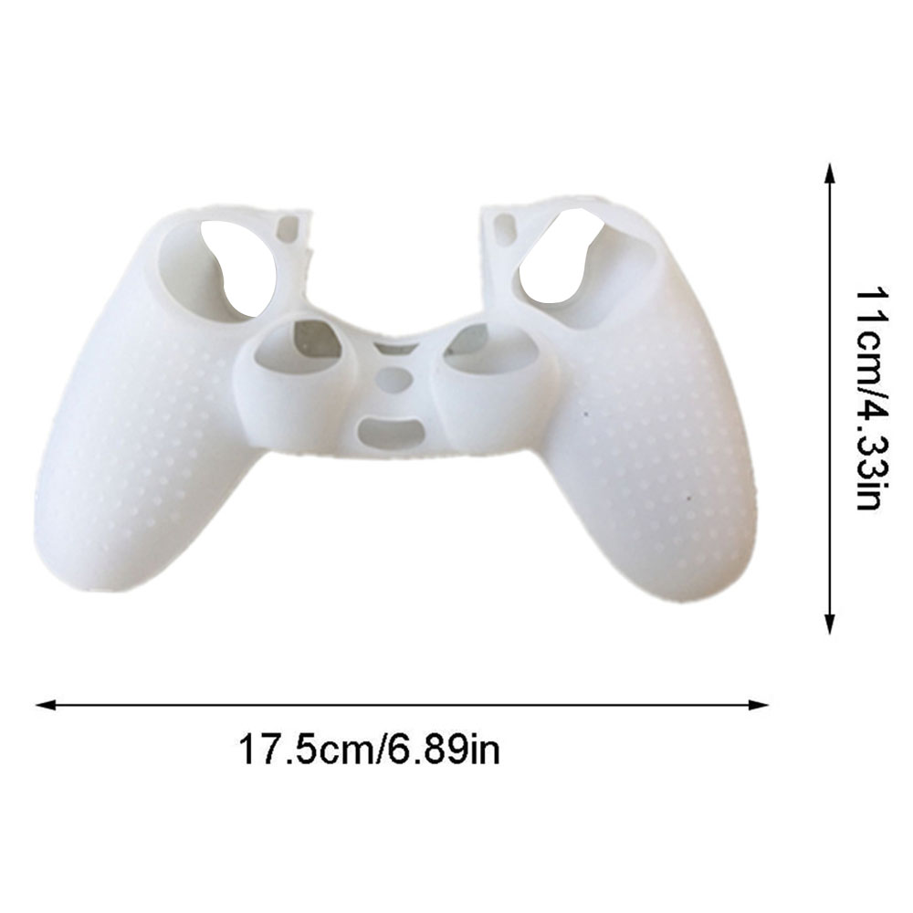Eine weiße Silikon-Schutzhülle für einen PlayStation-Controller wird mit Messindikatoren angezeigt.