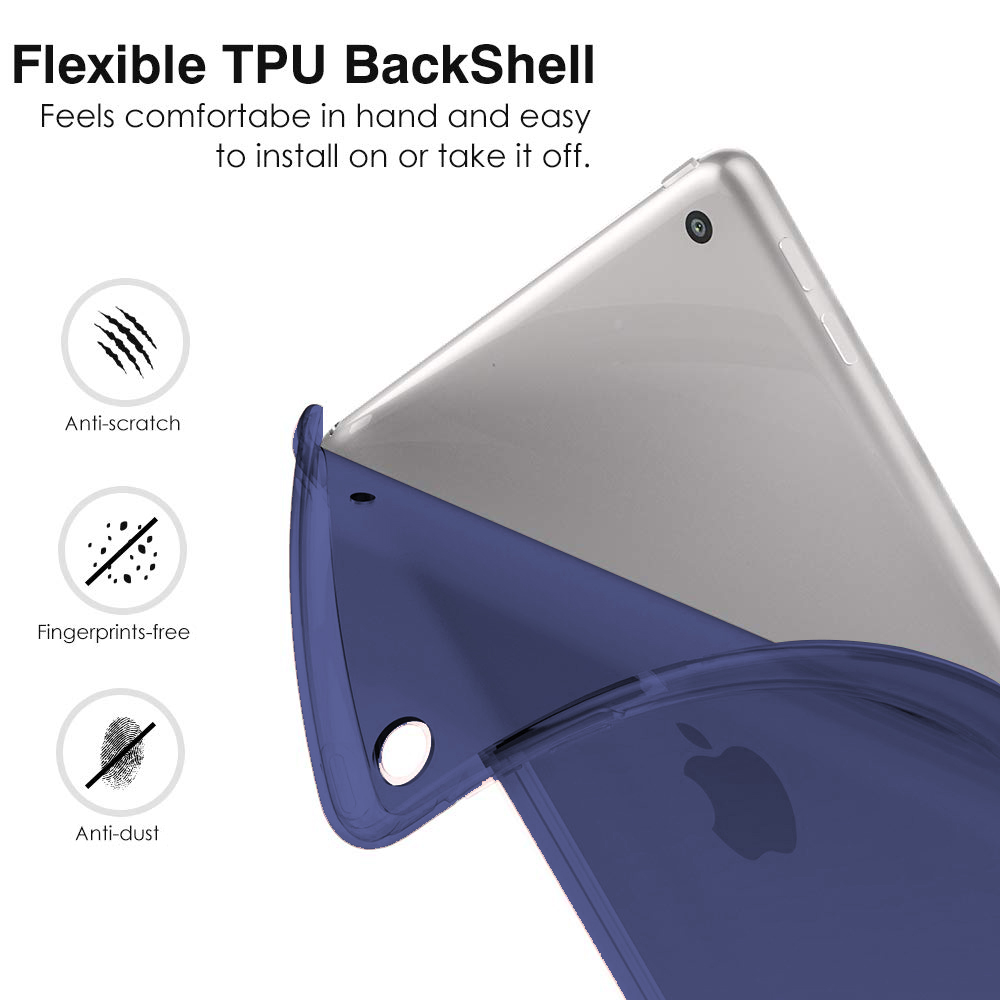 Nahaufnahme eines silbernen iPads in einer blauen Hülle, die die Merkmale Kratzfestigkeit, Fingerabdruckfreiheit und Staubschutz hervorhebt.