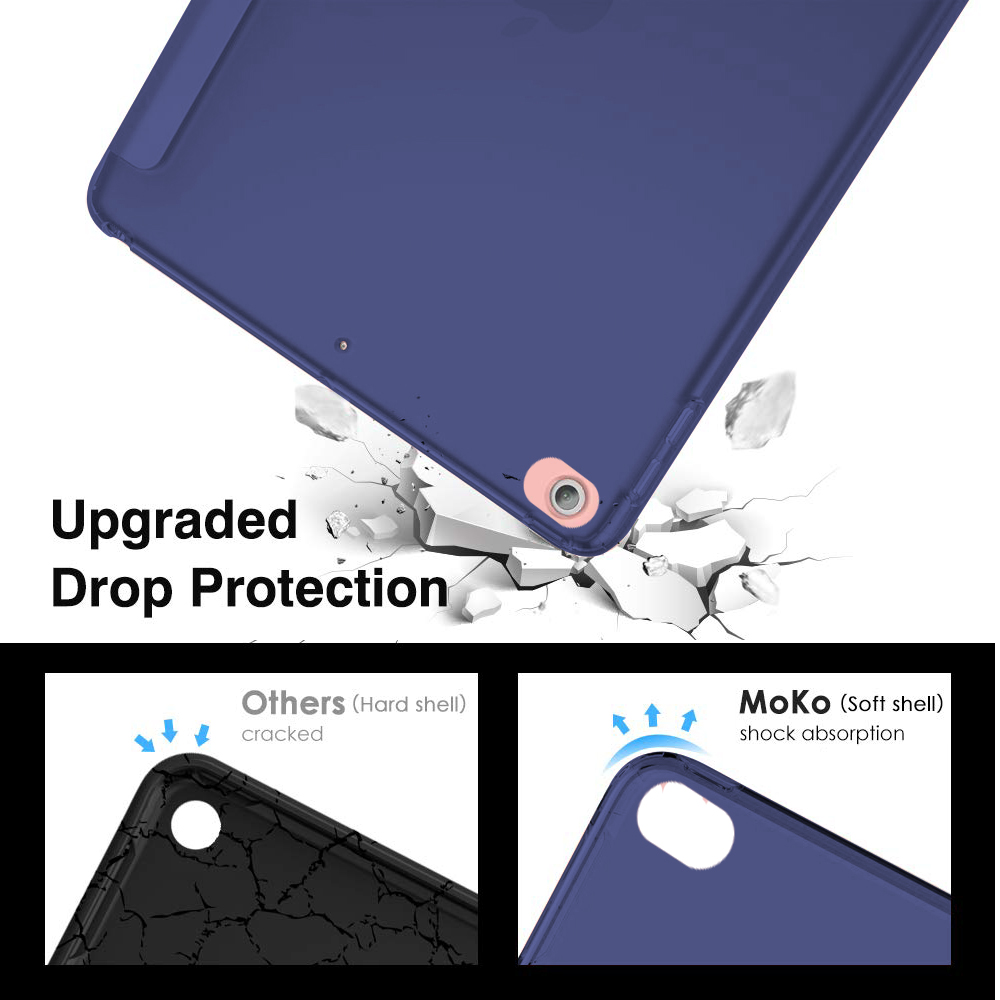 Das Bild zeigt eine blaue iPad-Hülle mit Fallschutz im Vergleich zu einer gerissenen Hartschalenhülle.