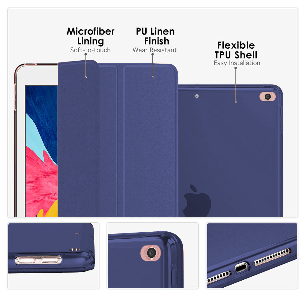 Das Bild zeigt das Mikrofaserfutter, die PU-Leinenoberfläche und die flexible TPU-Schale einer blauen Tablet-Hülle.