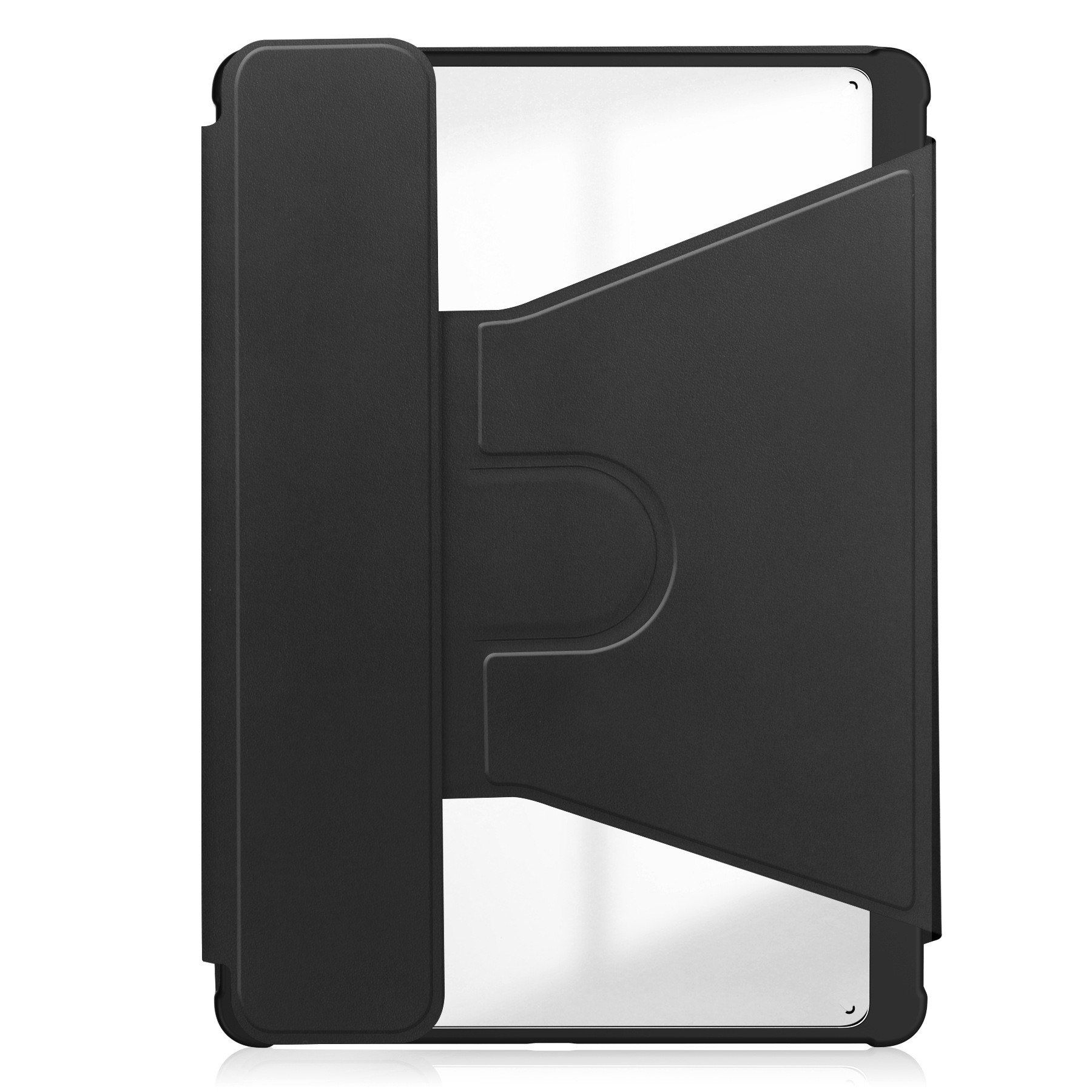 Custodia nera per tablet con un design geometrico che si erge su uno sfondo bianco, fornendo protezione al dispositivo.