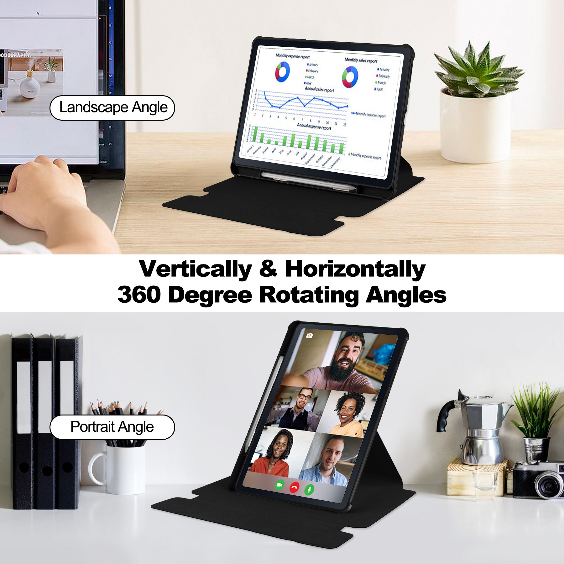 Due immagini mostrano una custodia nera per tablet utilizzata orizzontalmente e verticalmente con altri oggetti da scrivania.
