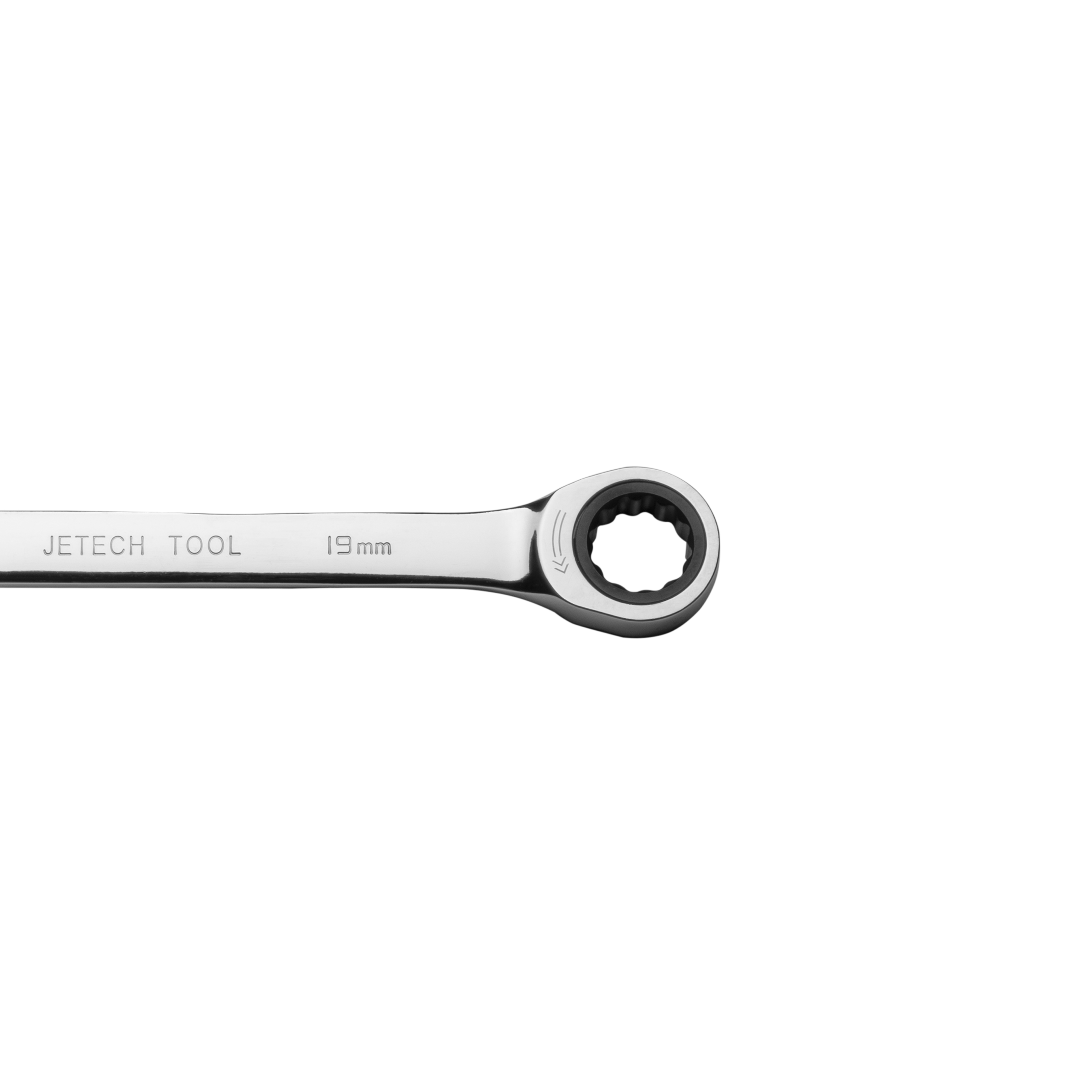 Una chiave a cricchetto cromata con 19 mm marcati. È visibile anche il marchio Jetech Tool. Isolato su sfondo bianco.