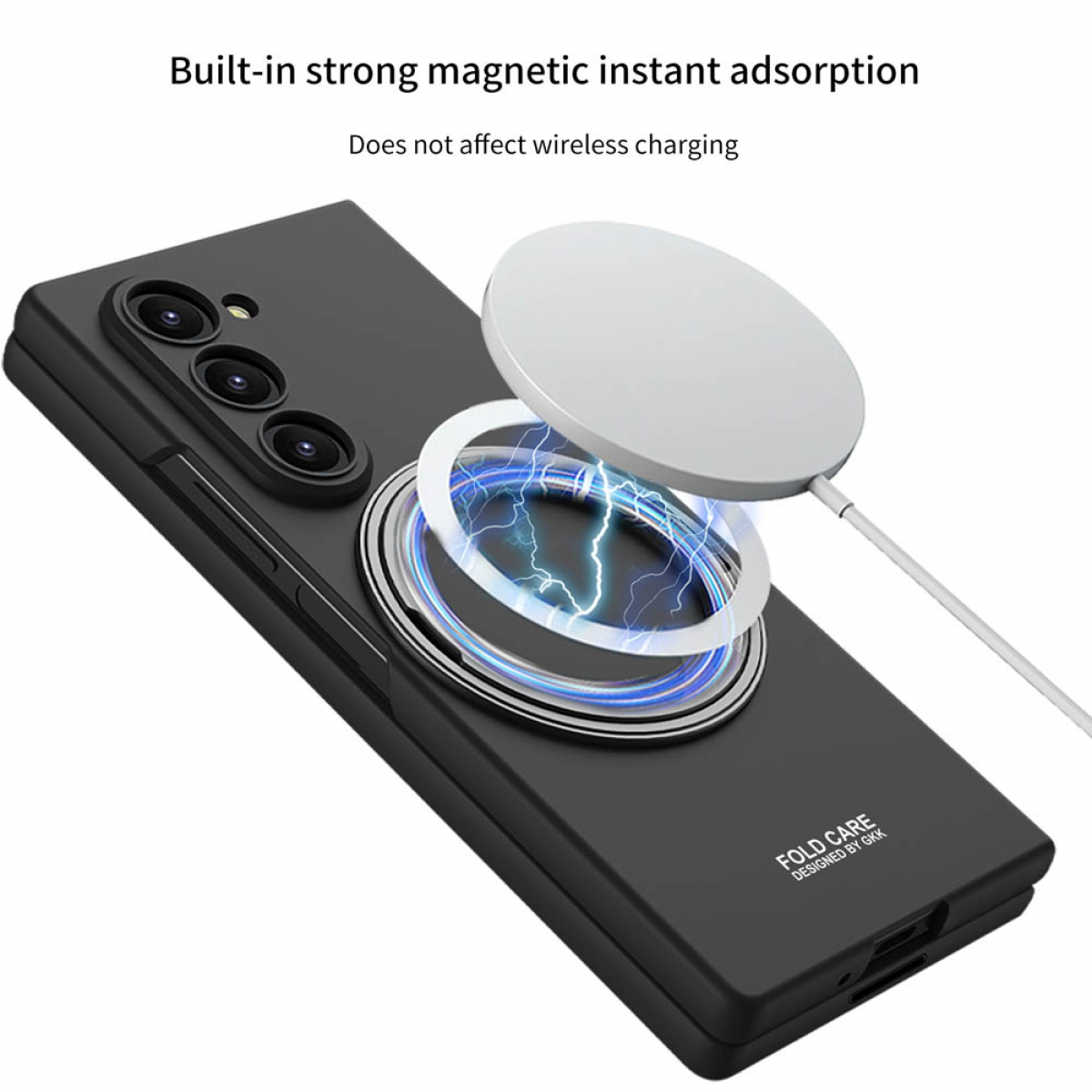 Gezeigt wird eine schwarze Handyhülle mit einem Magnetring. Ein weißes Ladepad befindet sich in der Nähe und ein Blitzbogen wird gezeigt.