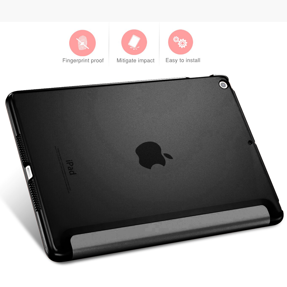 Schwarzes iPad mit Hülle. Die Hülle ist auf der Rückseite, das Apple-Logo wird gezeigt. Symbole für Funktionen.