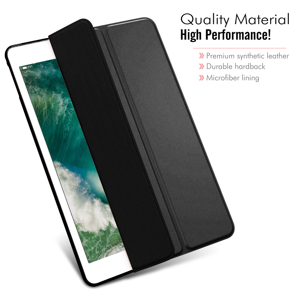 iPad mit teilweise geöffneter schwarzer Hülle. Zeigt den Bildschirm. Text über Material und Leistung.