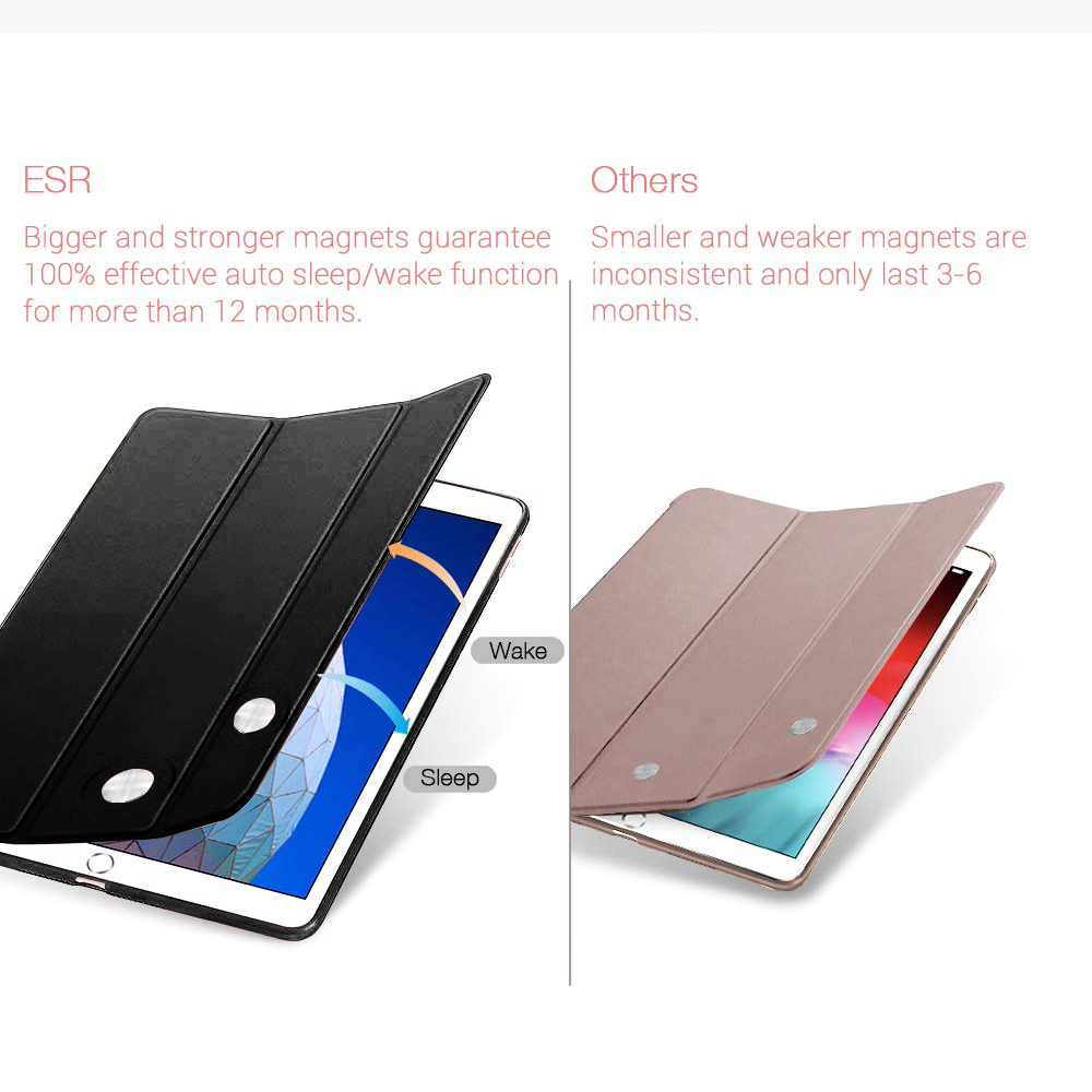 Zwei iPad-Hüllen. Eine schwarze mit Schlaf-/Weckfunktion. Die andere ist hellbraun mit schwächeren Magneten.
