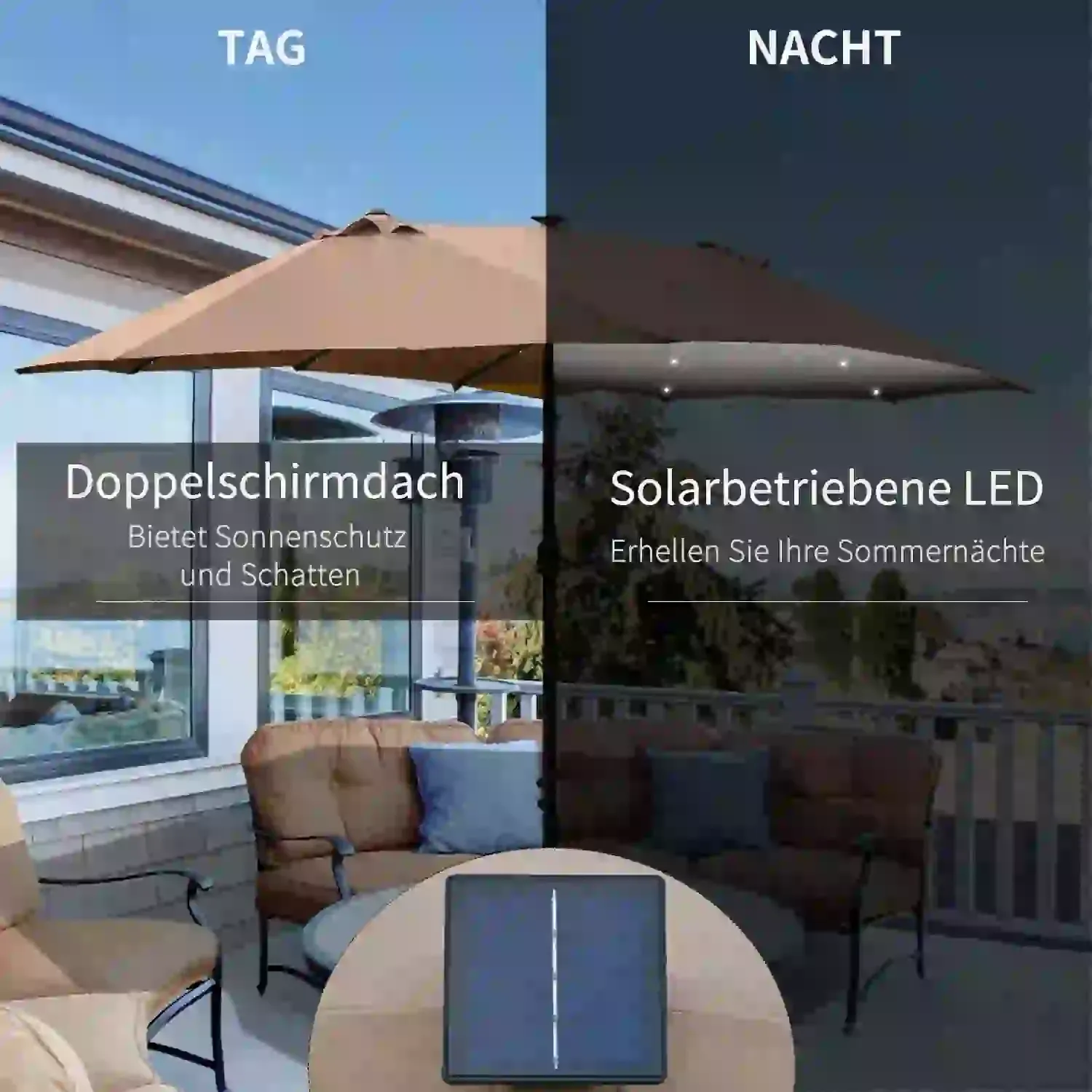 Geteiltes Bild eines beigen Schirms bei Tageslicht und desselben Schirms, der nachts beleuchtet ist.