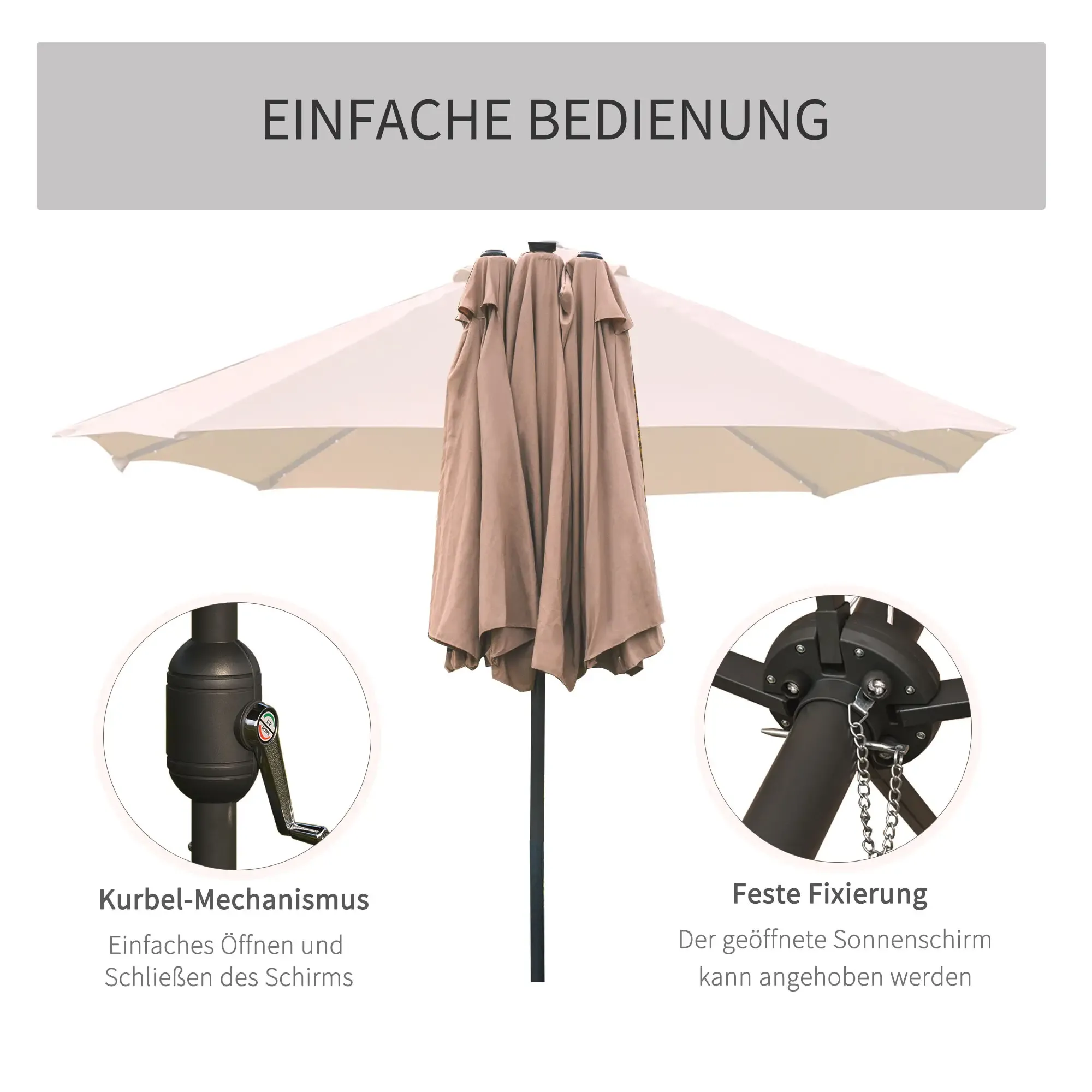 Beiger Terrassenschirm mit Kurbelmechanismus und fester Einstellung mit Anleitung.