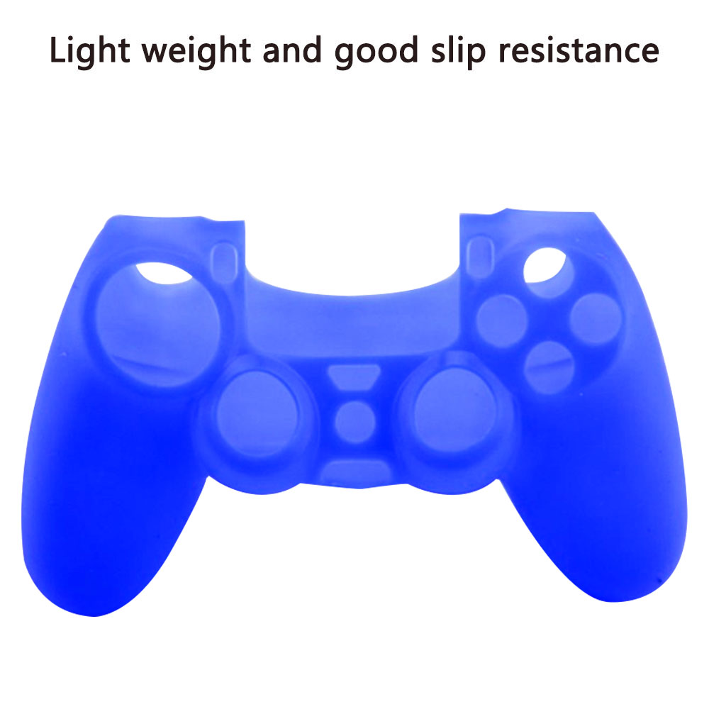 Blaue Controller-Abdeckung mit Text, der geringes Gewicht und gute Rutschfestigkeit erwähnt.