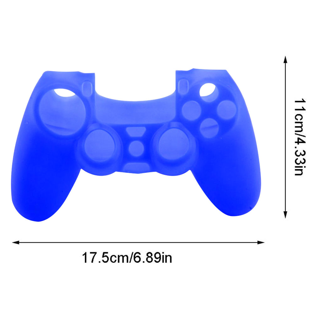 Eine blaue Silikon-Schutzhülle für einen PlayStation-Controller mit markierten Abmessungen.