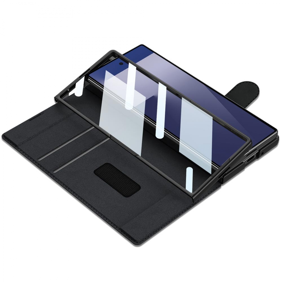 Eine schwarze Klapphülle für ein Smartphone, geöffnet mit einem klaren Displayschutz.