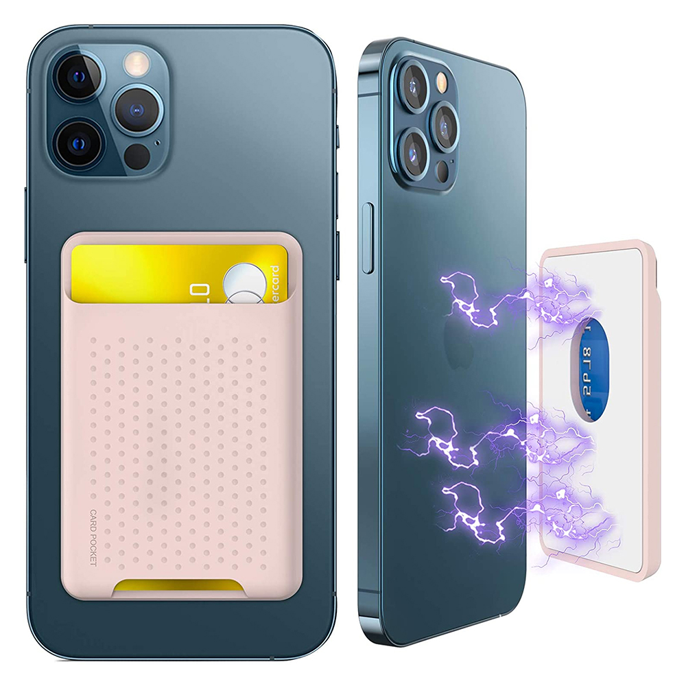 Ein blaues Telefon hat einen rosa Kartenhalter angebracht. Zwei weitere Ansichten zeigen, wie sich der Kartenhalter löst.