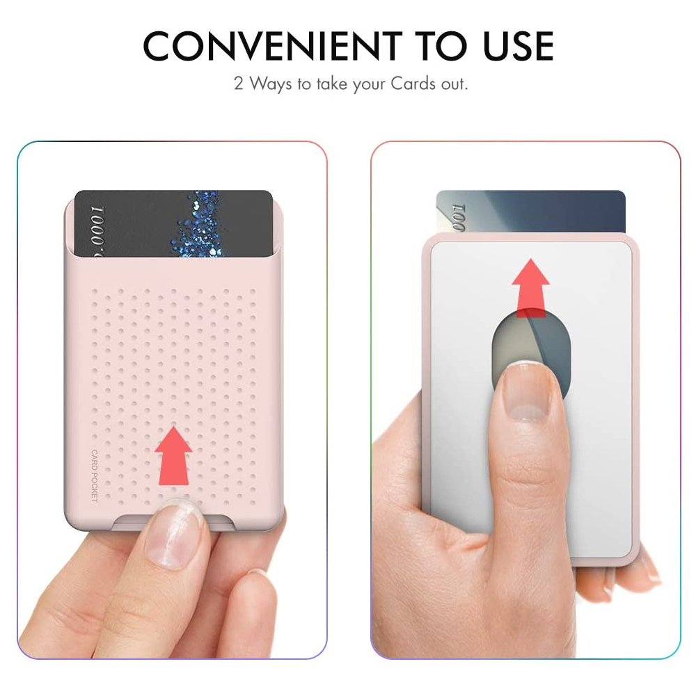 Zwei Hände zeigen, wie man Karten aus einem magnetischen Kartenhalter an einem Telefon entfernt.